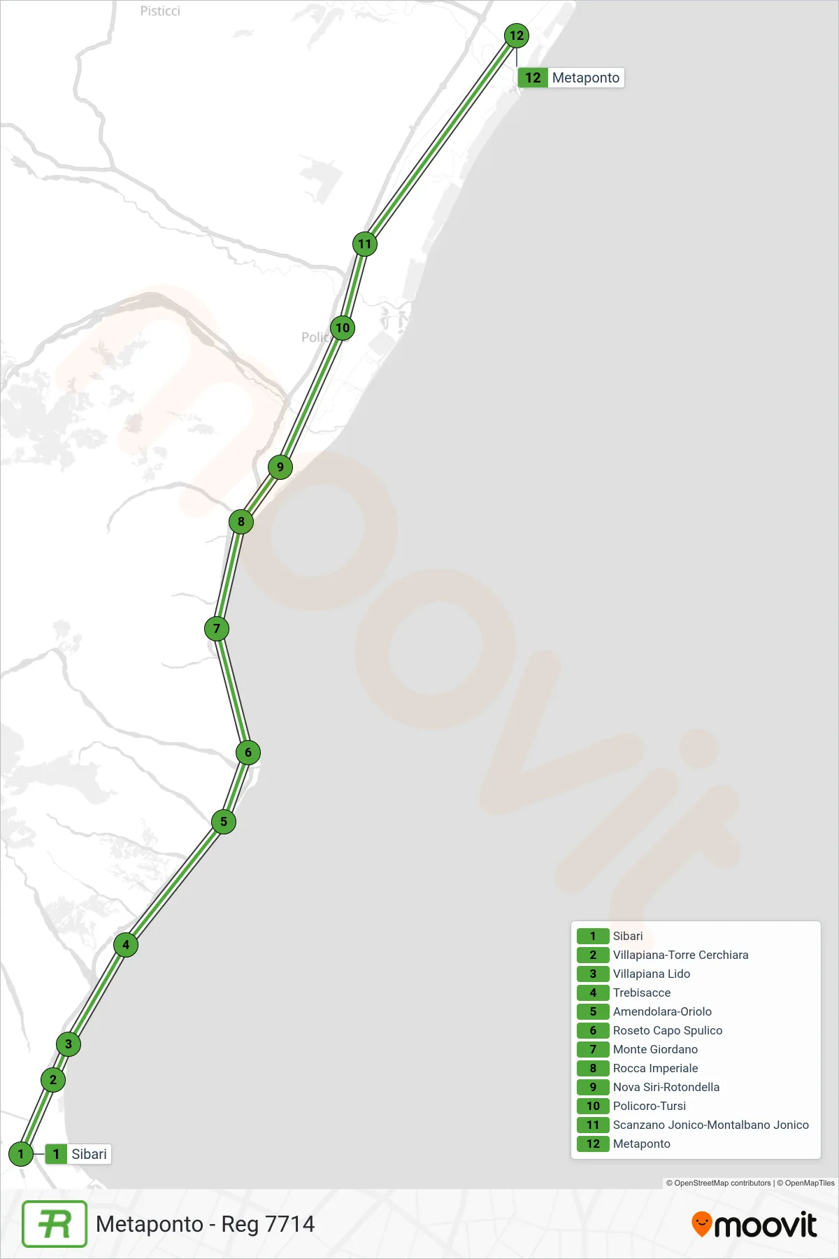 Linea REG  treno (Metaponto - Reg 7714) - Percorsi e fermate sulla mappa