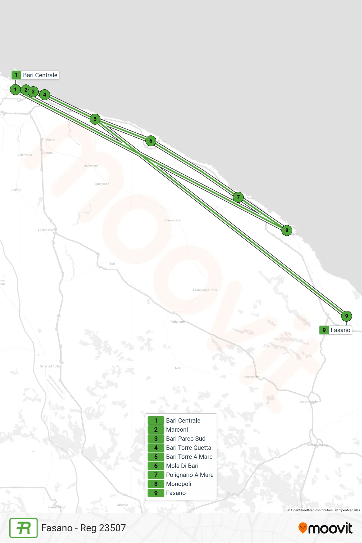 Linea REG  treno (Fasano - Reg 23507) - Percorsi e fermate sulla mappa