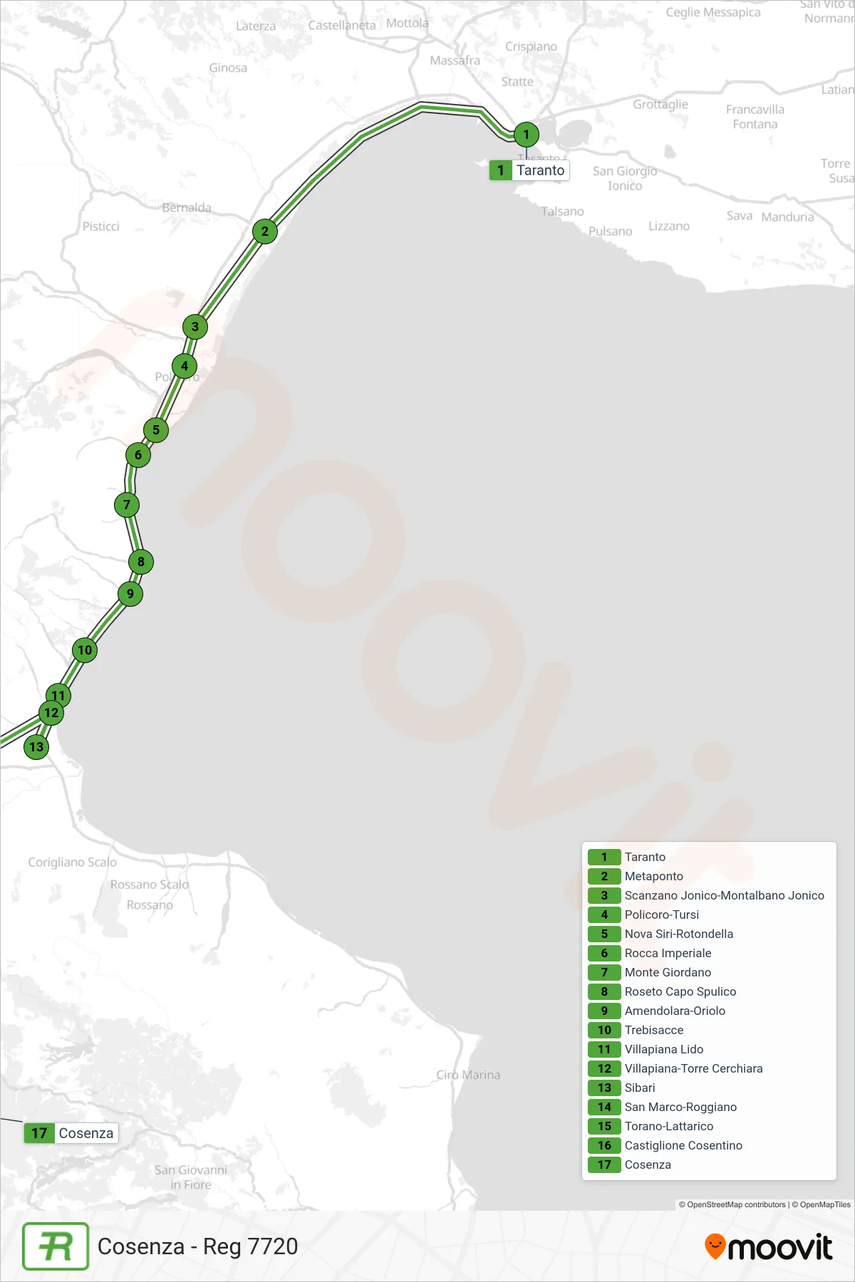 Linea REG  treno (Cosenza - Reg 7720) - Percorsi e fermate sulla mappa