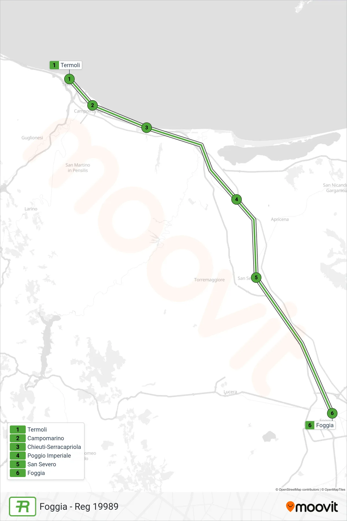 Linea REG treno (Foggia - Reg 19989) - Percorsi e fermate sulla mappa