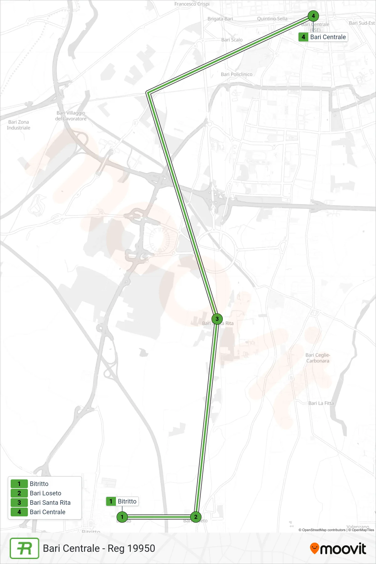 Linea REG treno (Bari Centrale - Reg 19950) - Percorsi e fermate sulla mappa