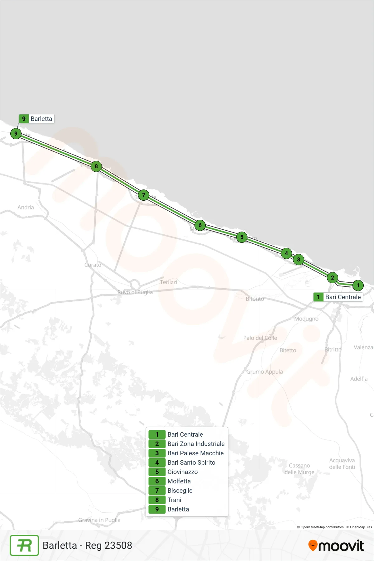 Linea REG treno (Barletta - Reg 23508) - Percorsi e fermate sulla mappa