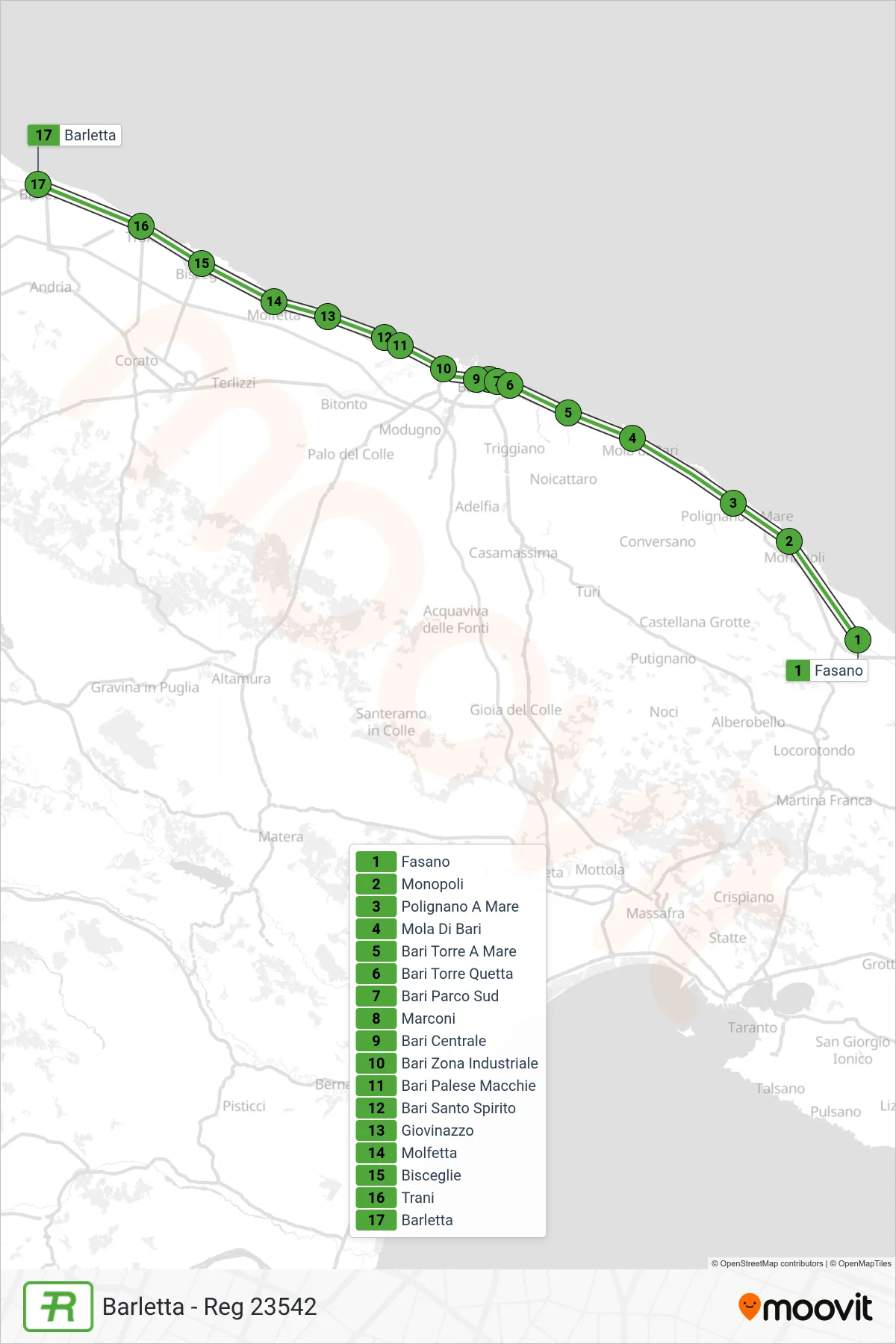 Linea REG  treno (Barletta - Reg 23542) - Percorsi e fermate sulla mappa