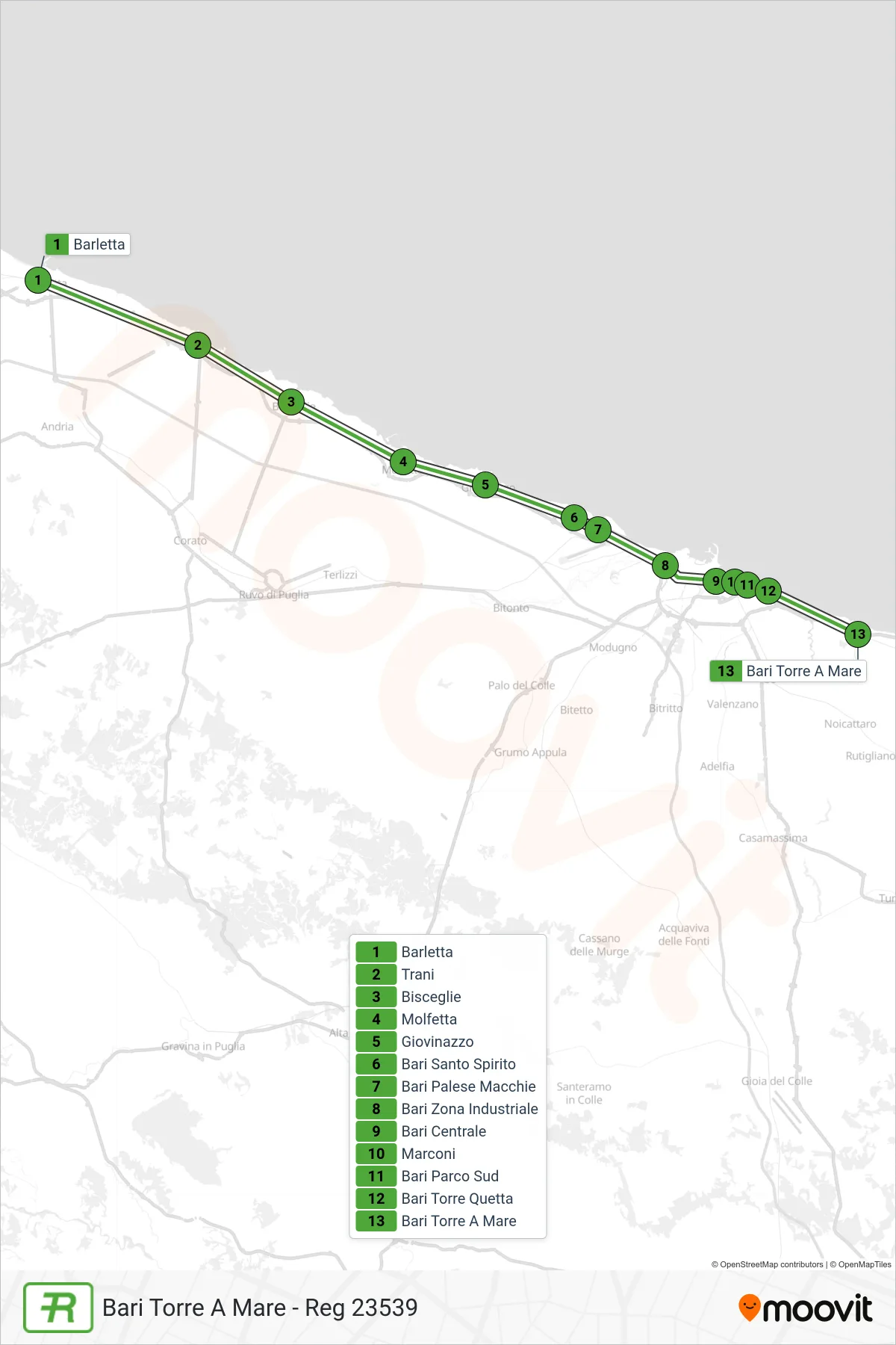 Linea REG treno (Bari Torre A Mare - Reg 23539) - Percorsi e fermate sulla mappa