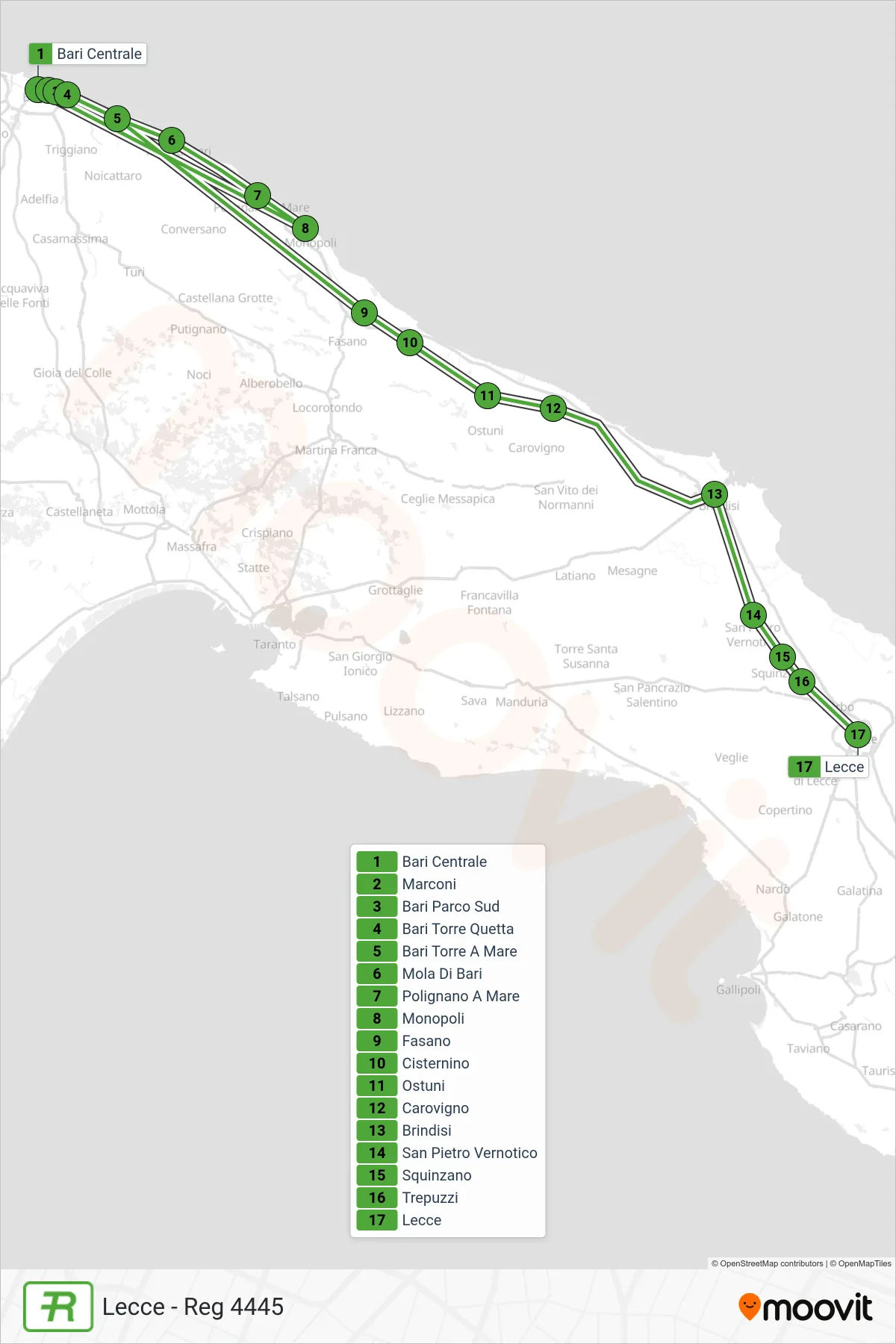 Linea REG  treno (Lecce - Reg 4445) - Percorsi e fermate sulla mappa