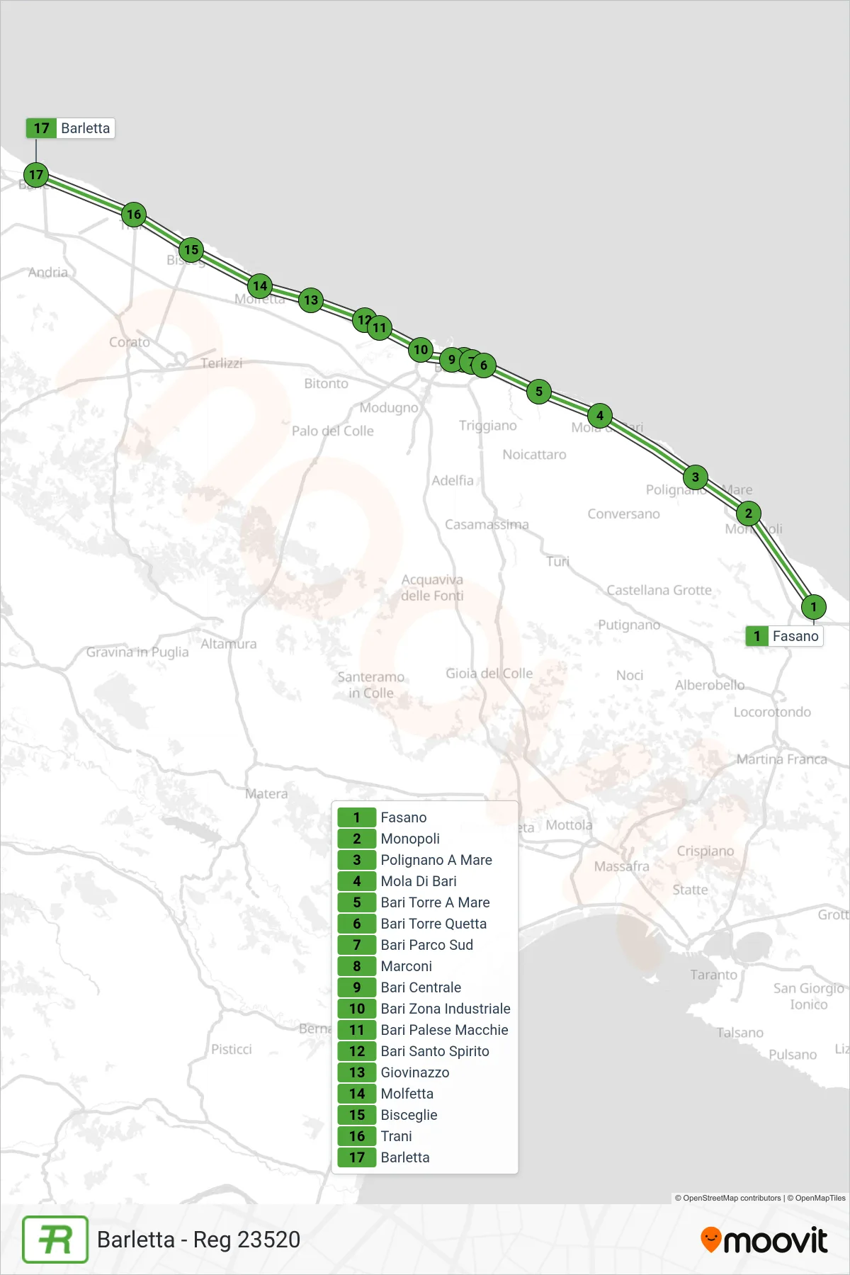 Linea REG treno (Barletta - Reg 23520) - Percorsi e fermate sulla mappa