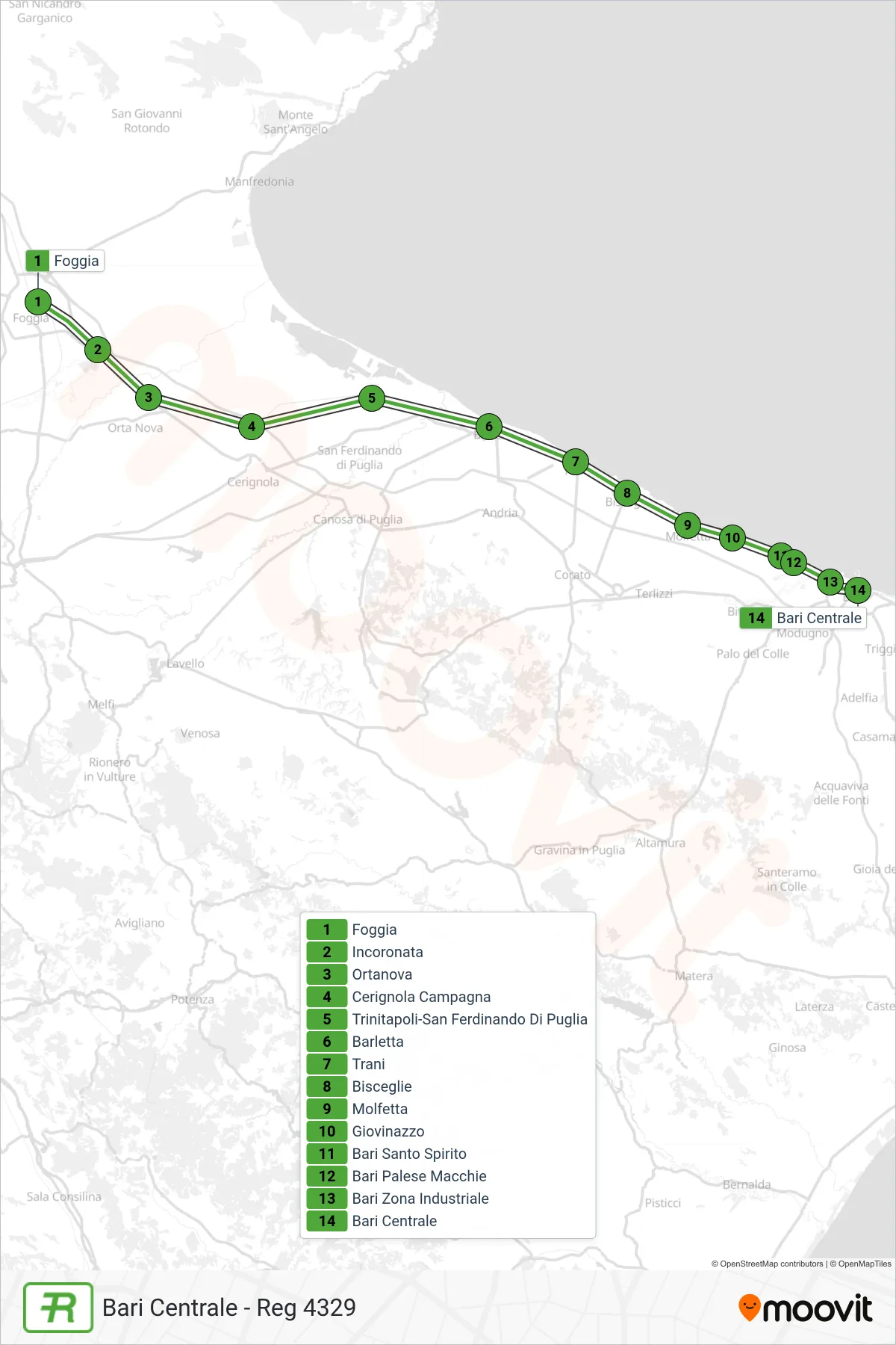 Linea REG  treno (Bari Centrale - Reg 4329) - Percorsi e fermate sulla mappa