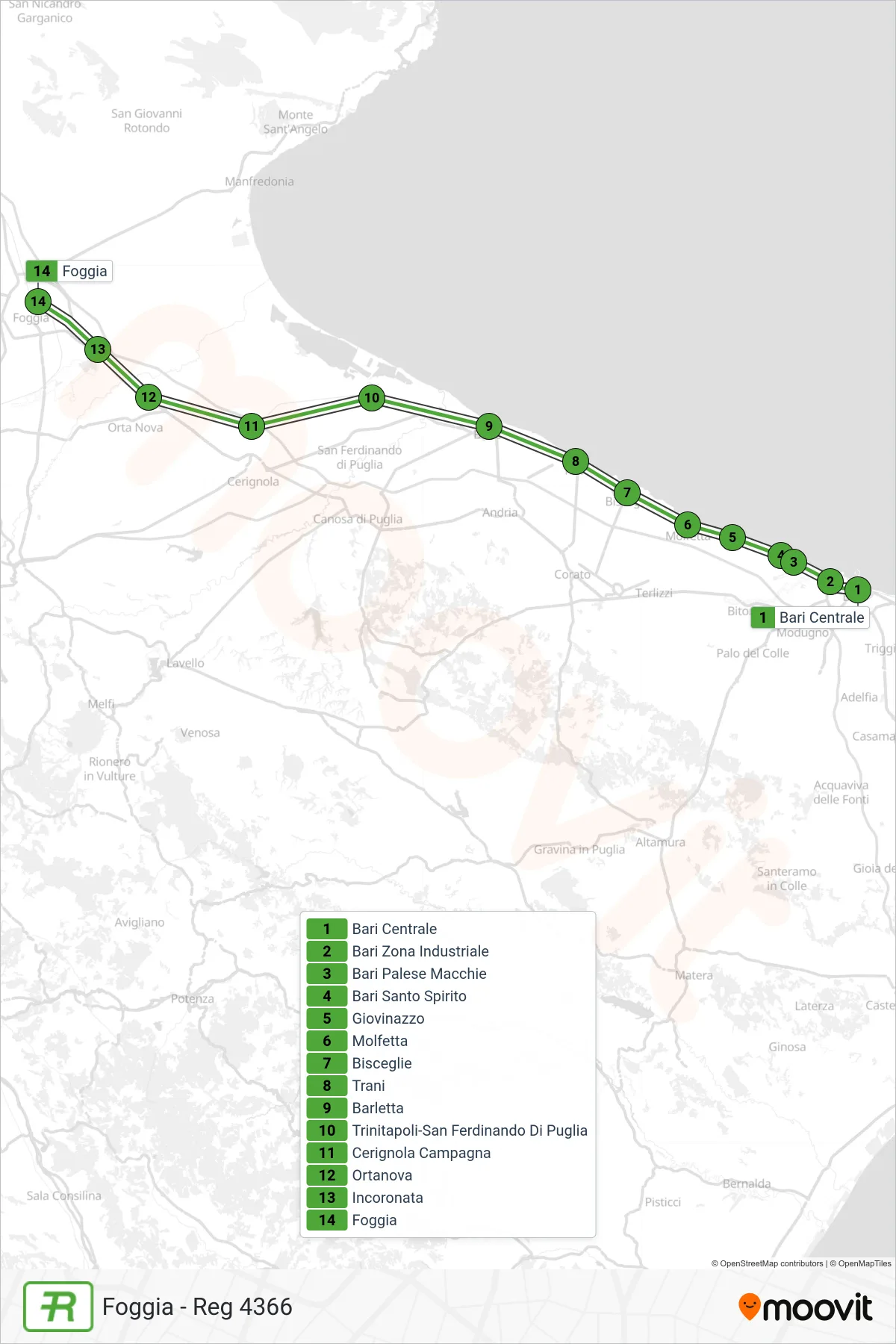 Linea REG treno (Foggia - Reg 4366) - Percorsi e fermate sulla mappa