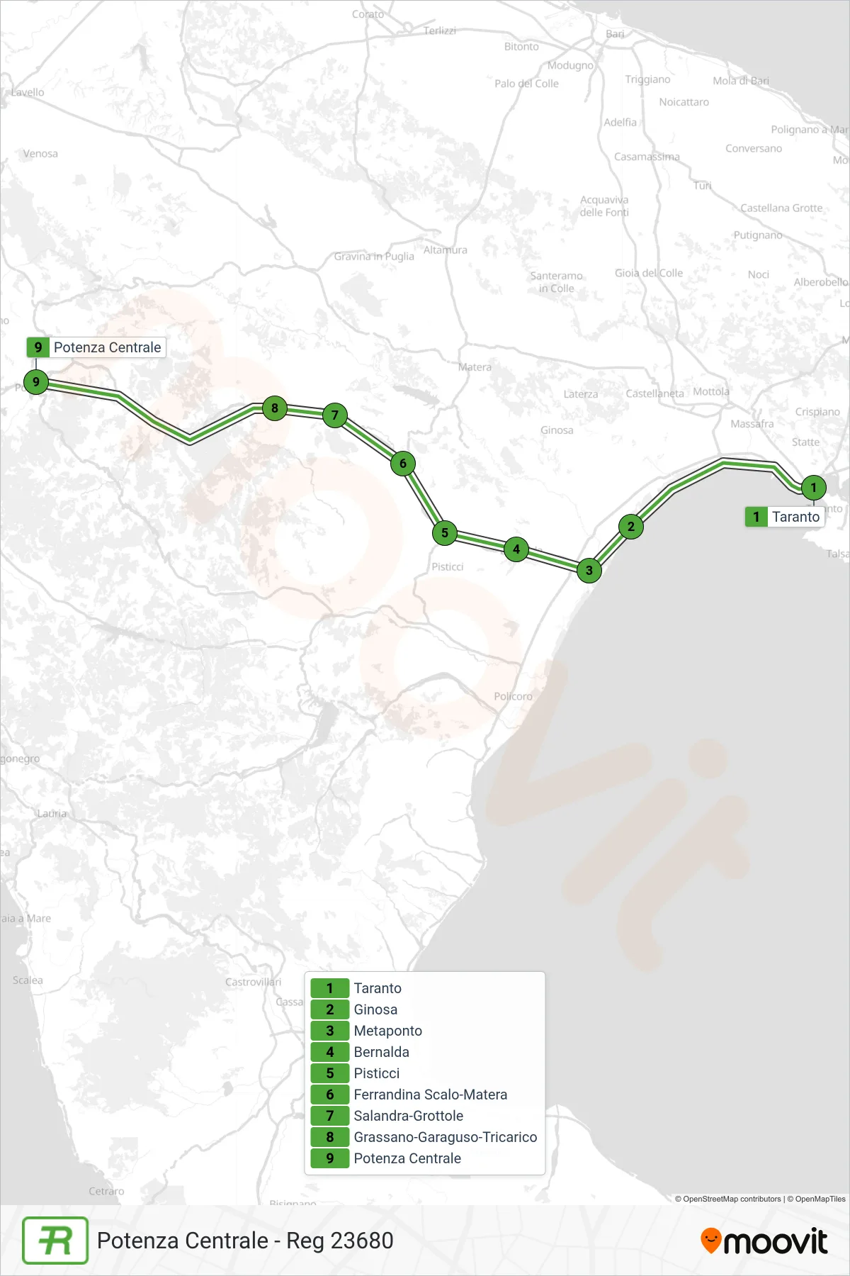 Linea REG treno (Potenza Centrale - Reg 23680) - Percorsi e fermate sulla mappa