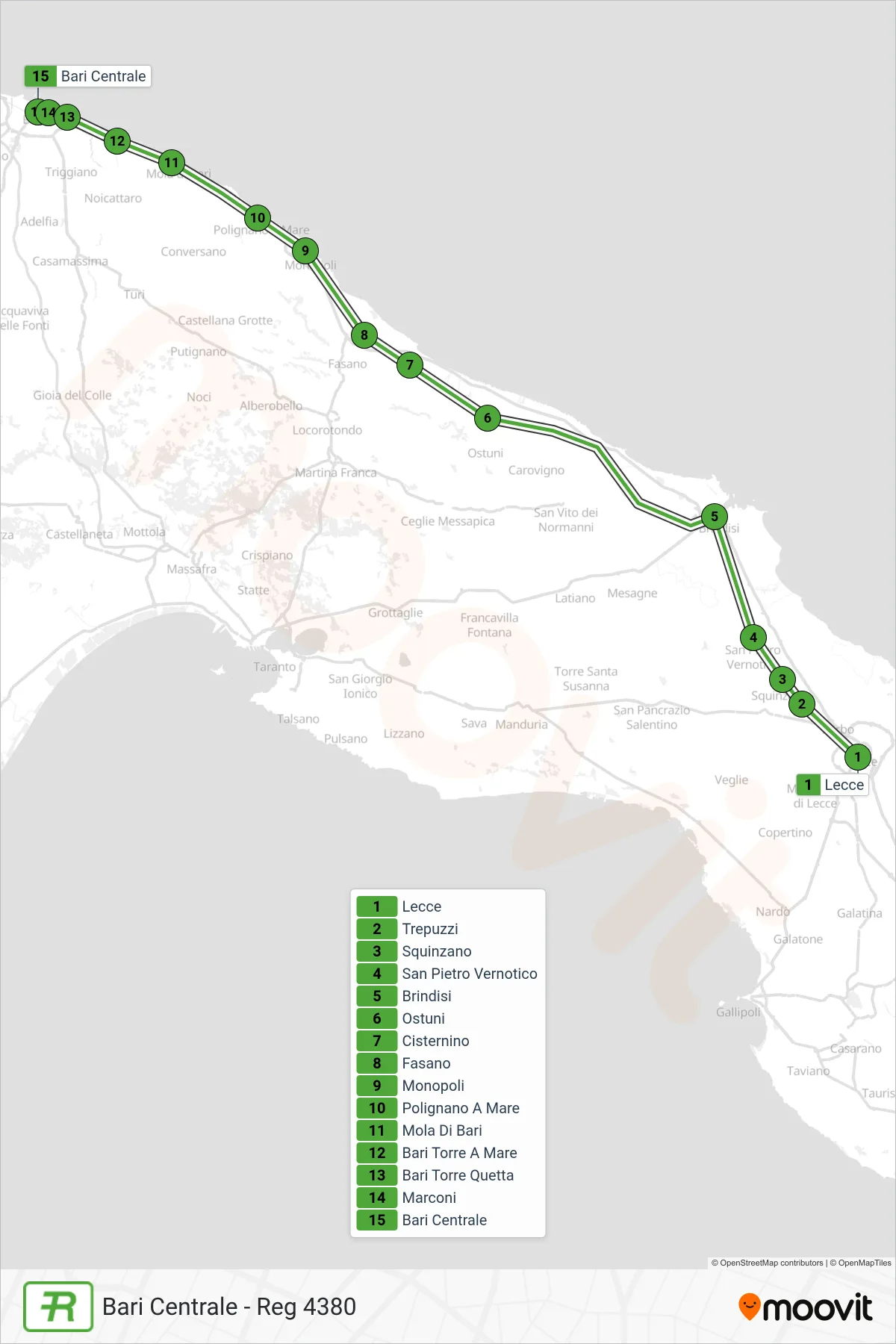 Linea REG treno (Bari Centrale - Reg 4380) - Percorsi e fermate sulla mappa