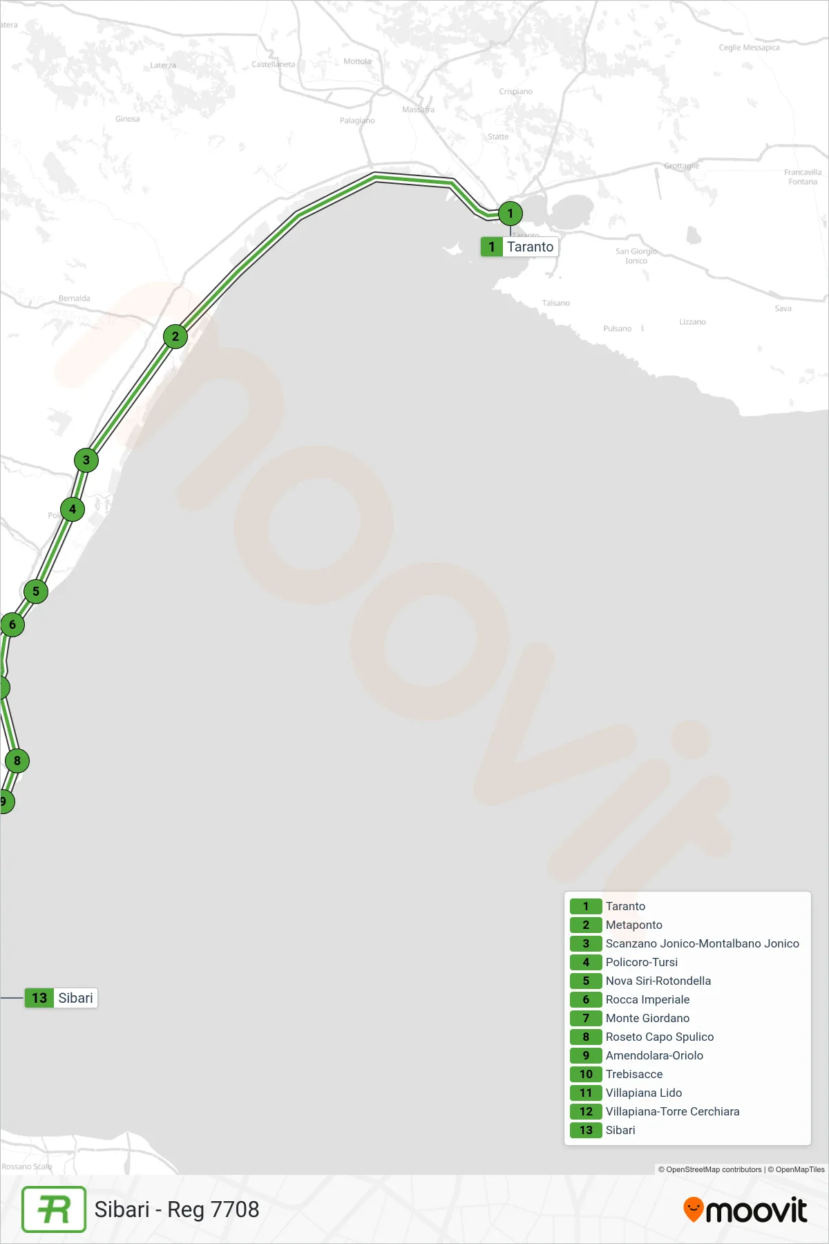 Linea REG  treno (Sibari - Reg 7708) - Percorsi e fermate sulla mappa