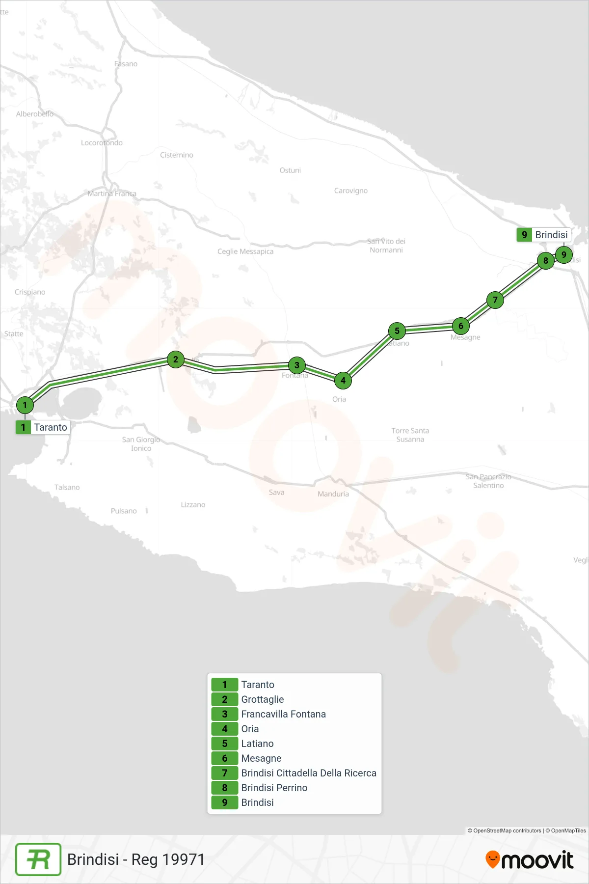 Linea REG treno (Brindisi - Reg 19971) - Percorsi e fermate sulla mappa