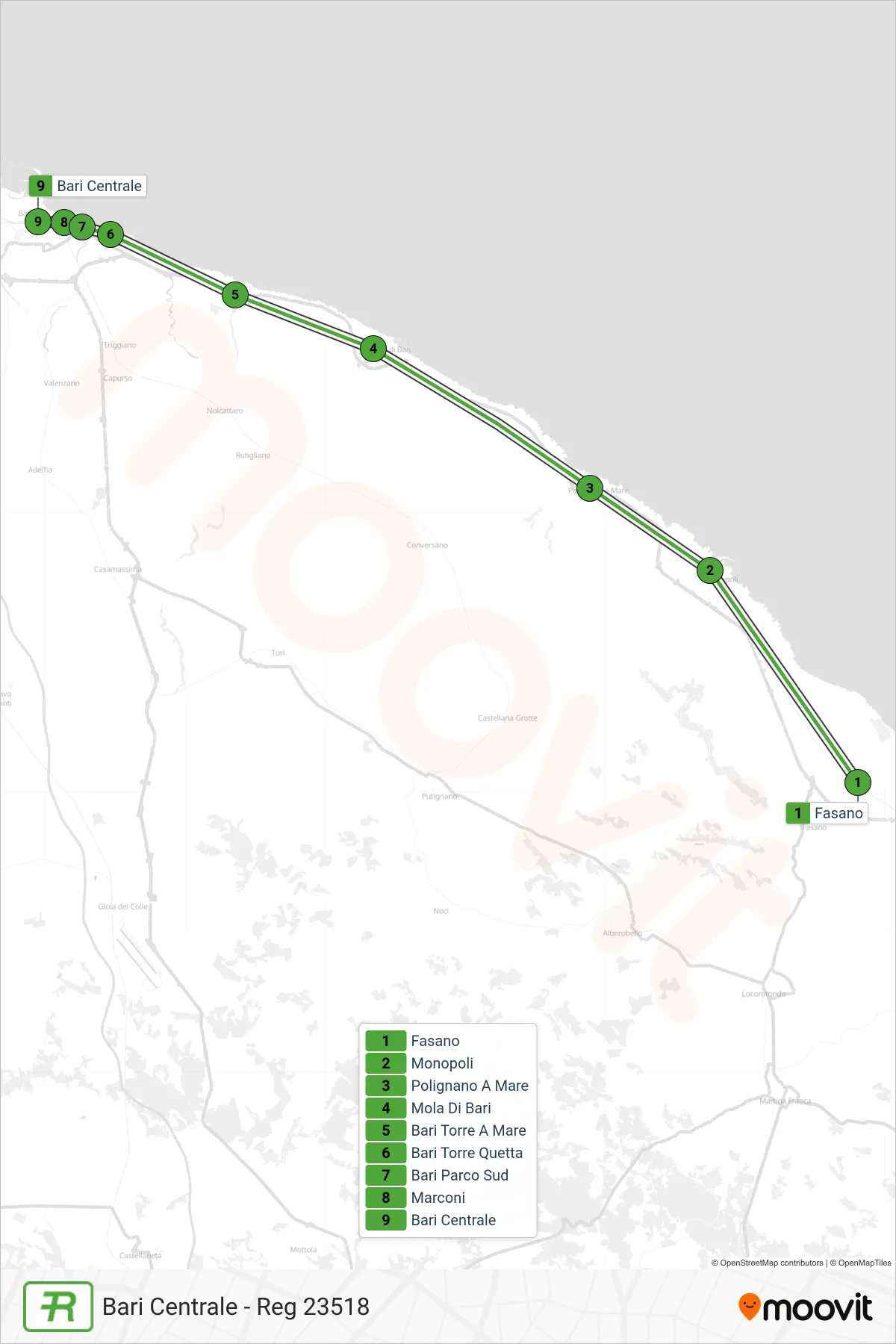 Linea REG treno (Bari Centrale - Reg 23518) - Percorsi e fermate sulla mappa