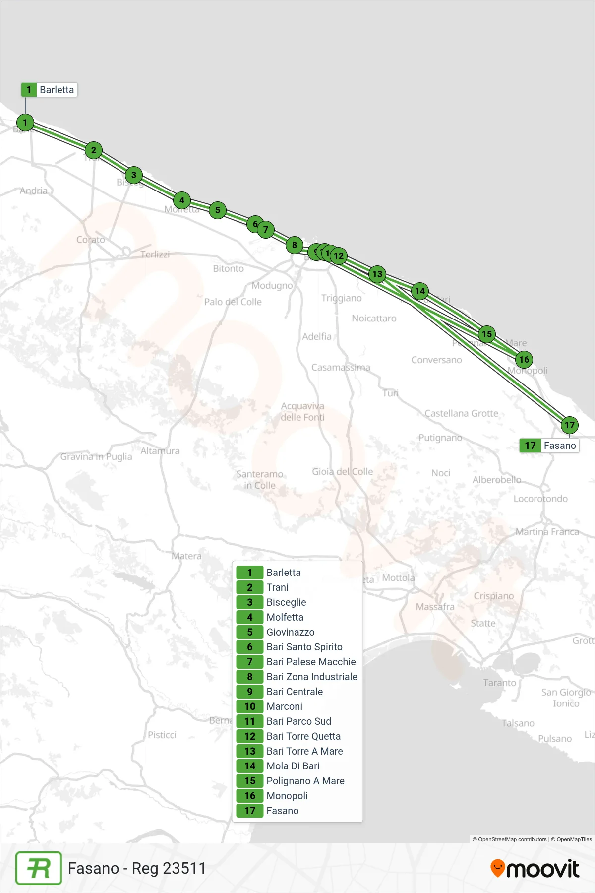 Linea REG treno (Fasano - Reg 23511) - Percorsi e fermate sulla mappa