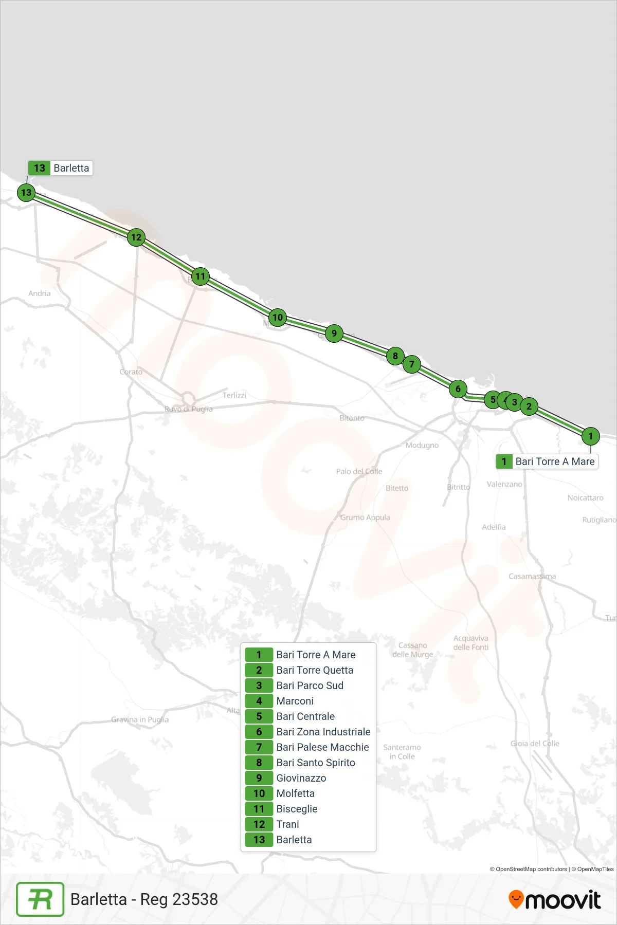 Linea REG treno (Barletta - Reg 23538) - Percorsi e fermate sulla mappa