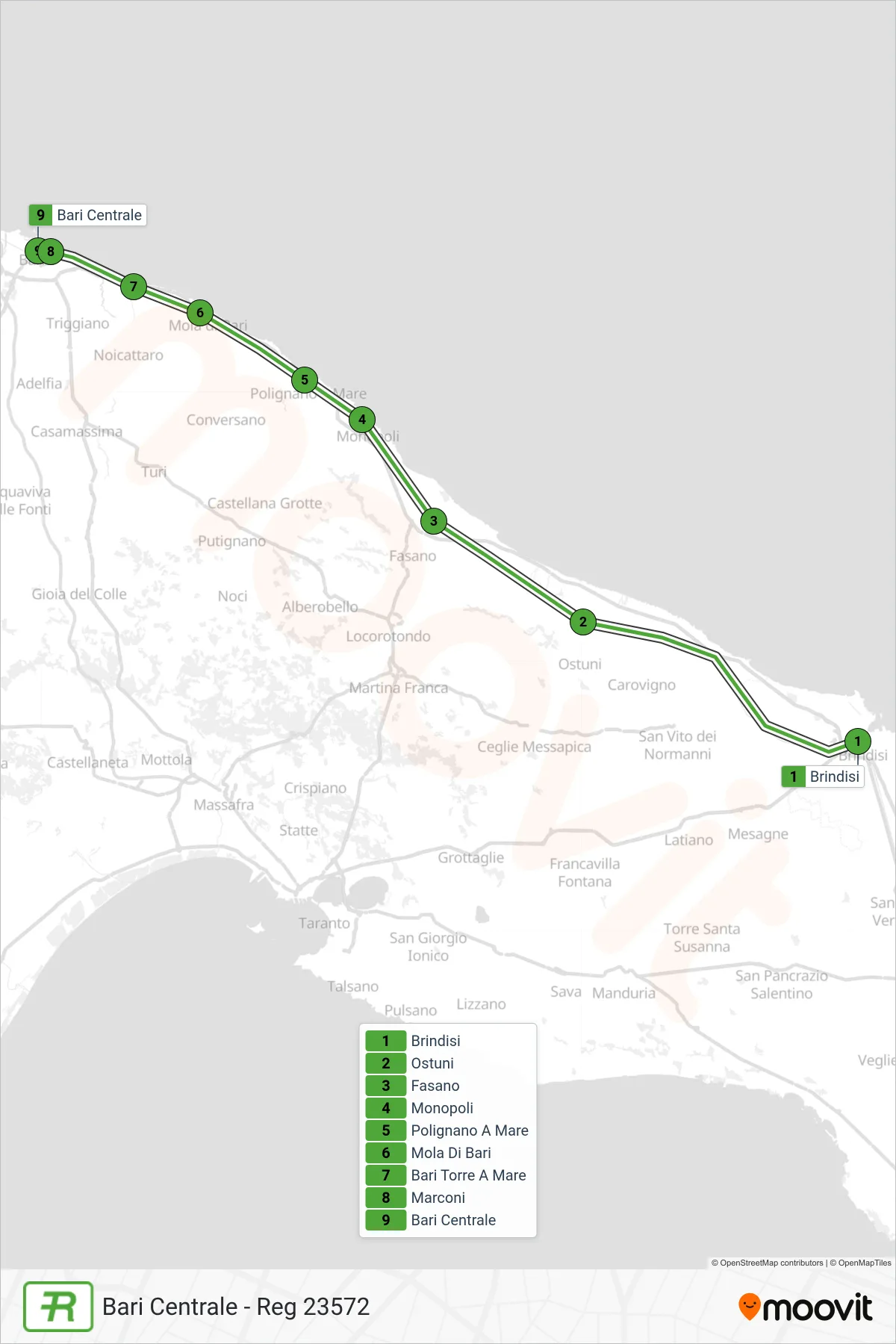 Linea REG treno (Bari Centrale - Reg 23572) - Percorsi e fermate sulla mappa