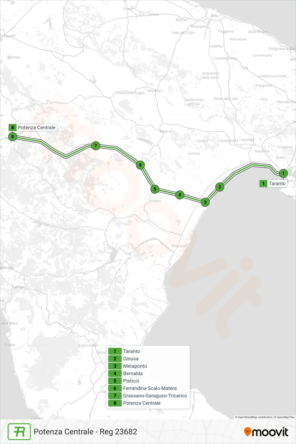 Linea REG treno (Potenza Centrale - Reg 23682) - Percorsi e fermate sulla mappa