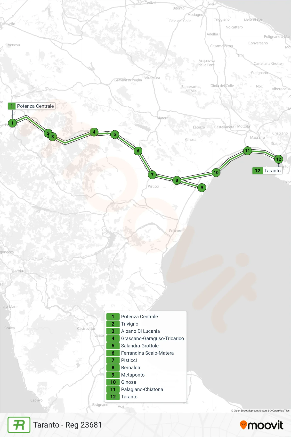 Linea REG  treno (Taranto - Reg 23681) - Percorsi e fermate sulla mappa