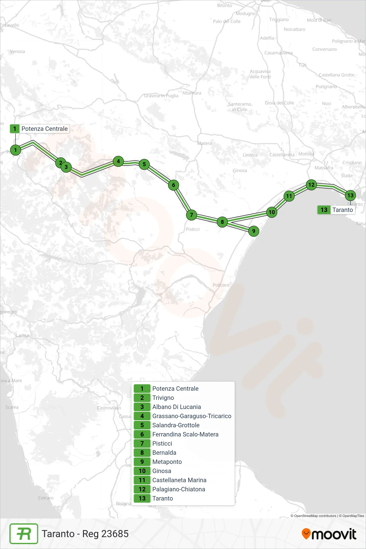Linea REG  treno (Taranto - Reg 23685) - Percorsi e fermate sulla mappa