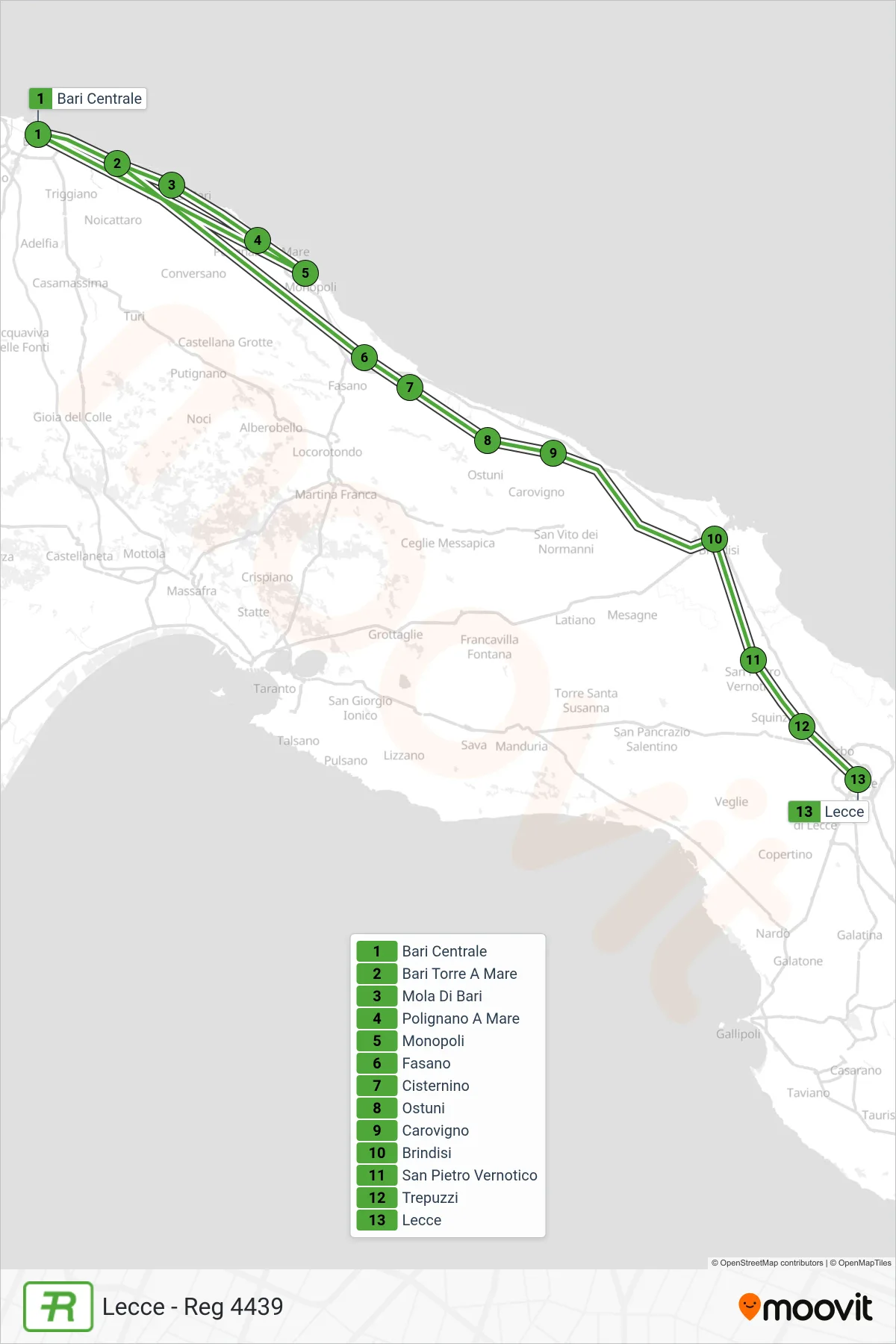 Linea REG  treno (Lecce - Reg 4439) - Percorsi e fermate sulla mappa