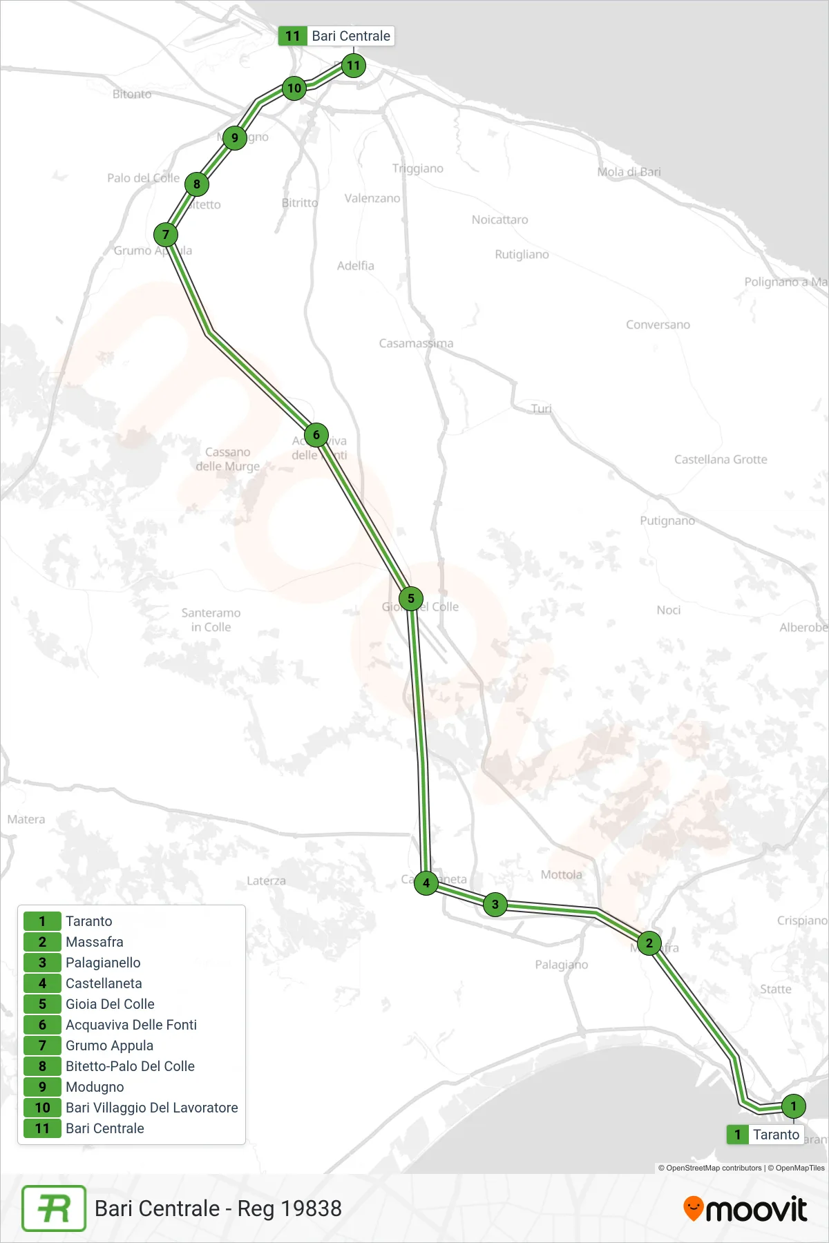 Linea REG treno (Bari Centrale - Reg 19838) - Percorsi e fermate sulla mappa
