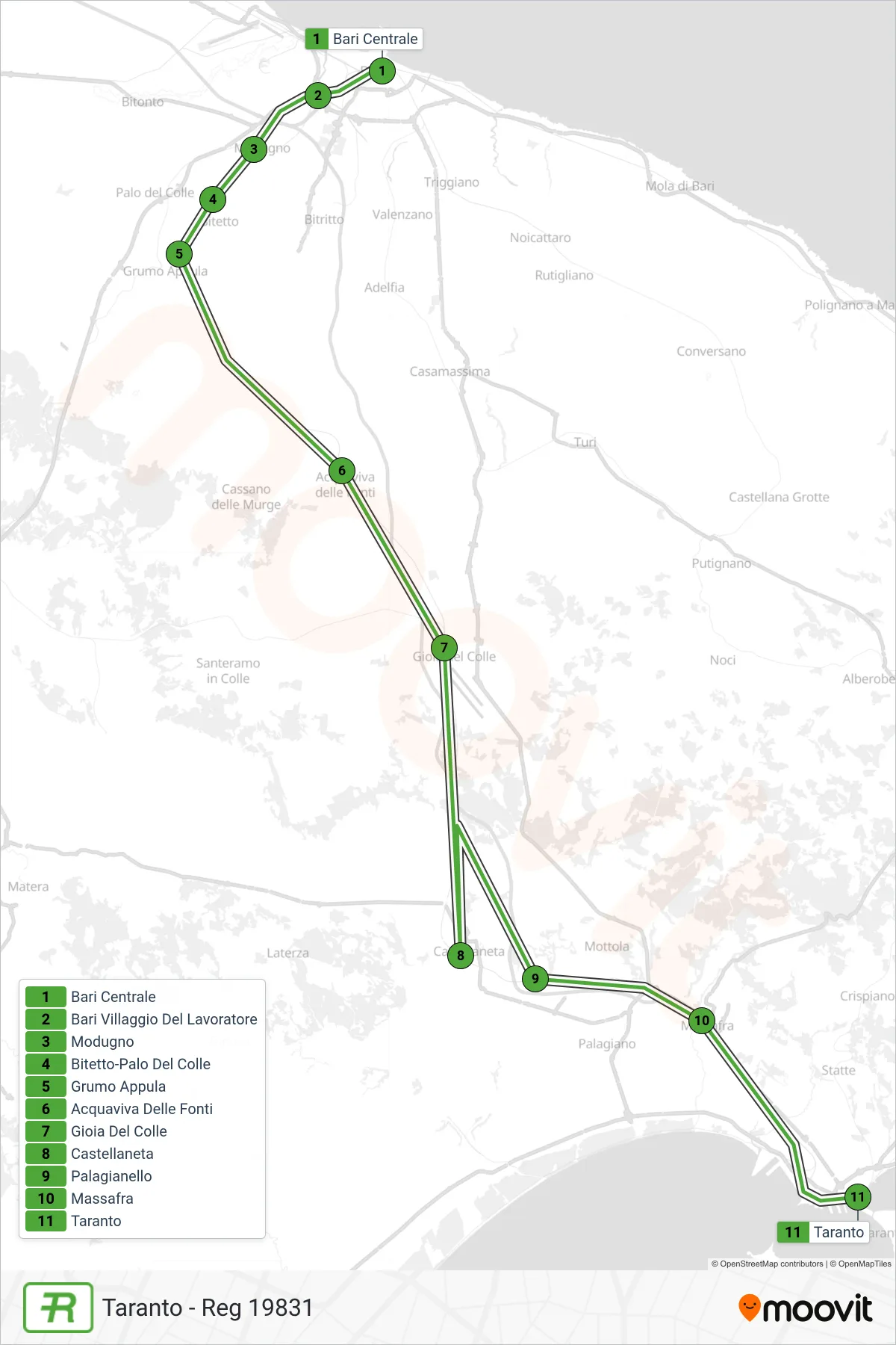 Linea REG treno (Taranto - Reg 19831) - Percorsi e fermate sulla mappa