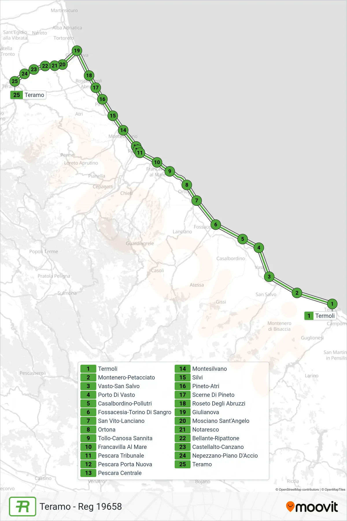 Linea REG  treno (Teramo - Reg 19658) - Percorsi e fermate sulla mappa