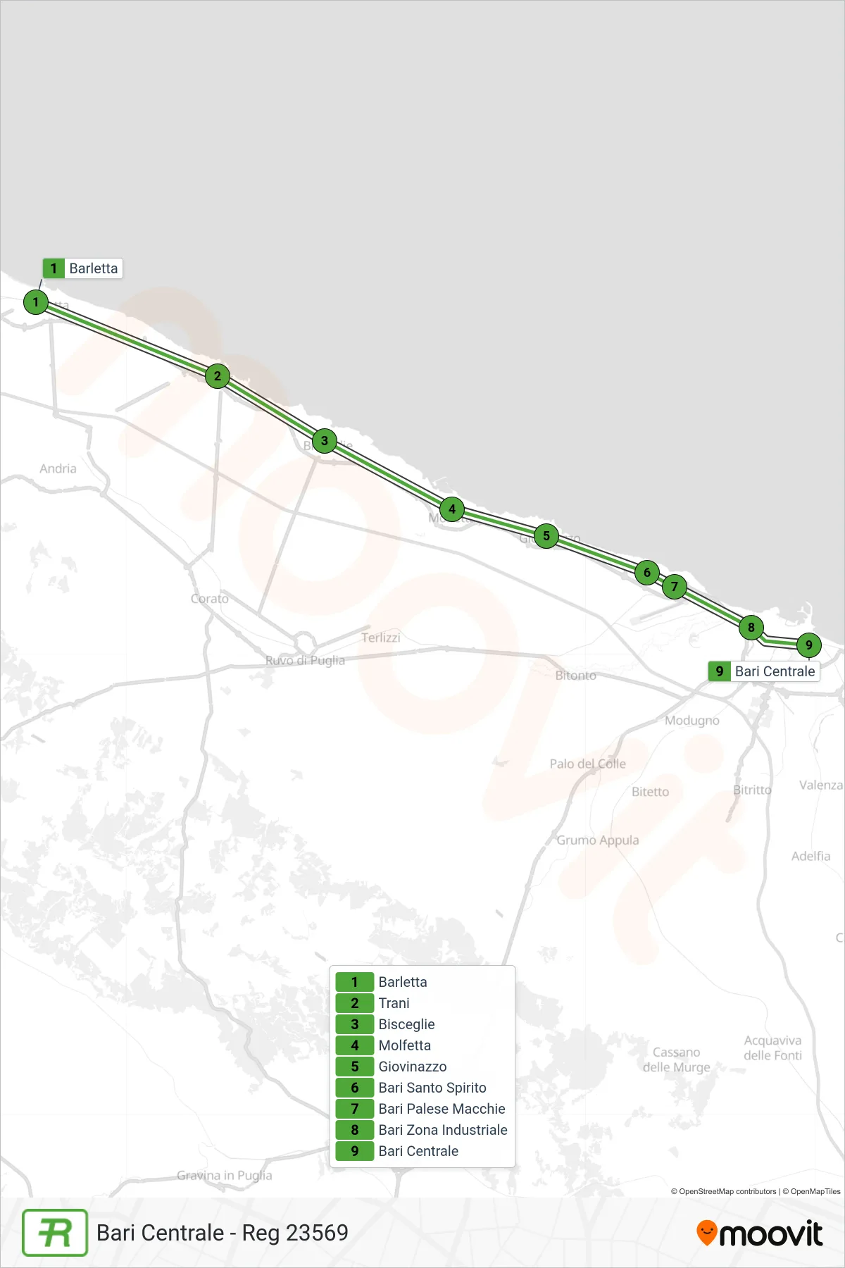 Linea REG treno (Bari Centrale - Reg 23569) - Percorsi e fermate sulla mappa