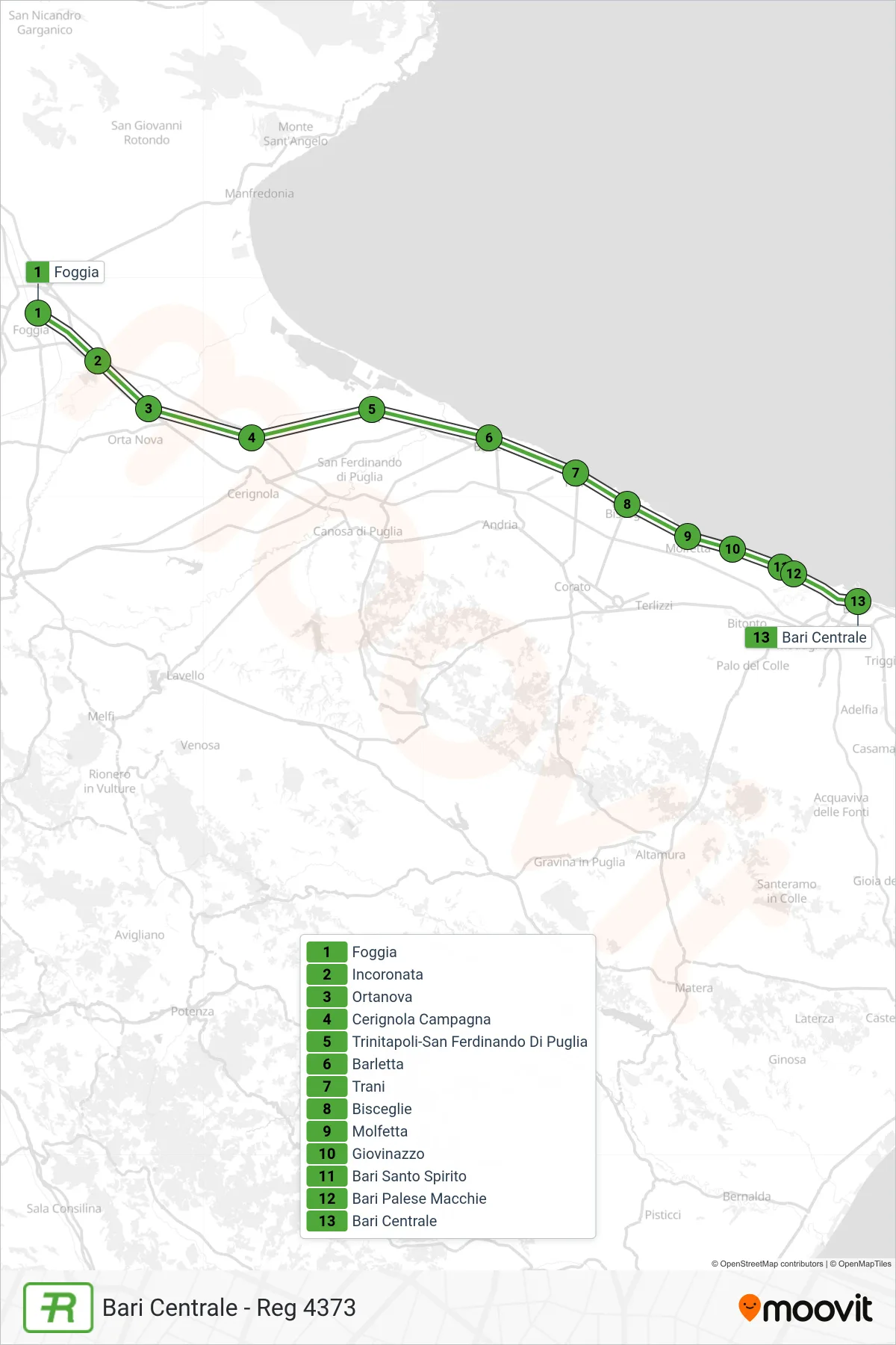 Linea REG  treno (Bari Centrale - Reg 4373) - Percorsi e fermate sulla mappa