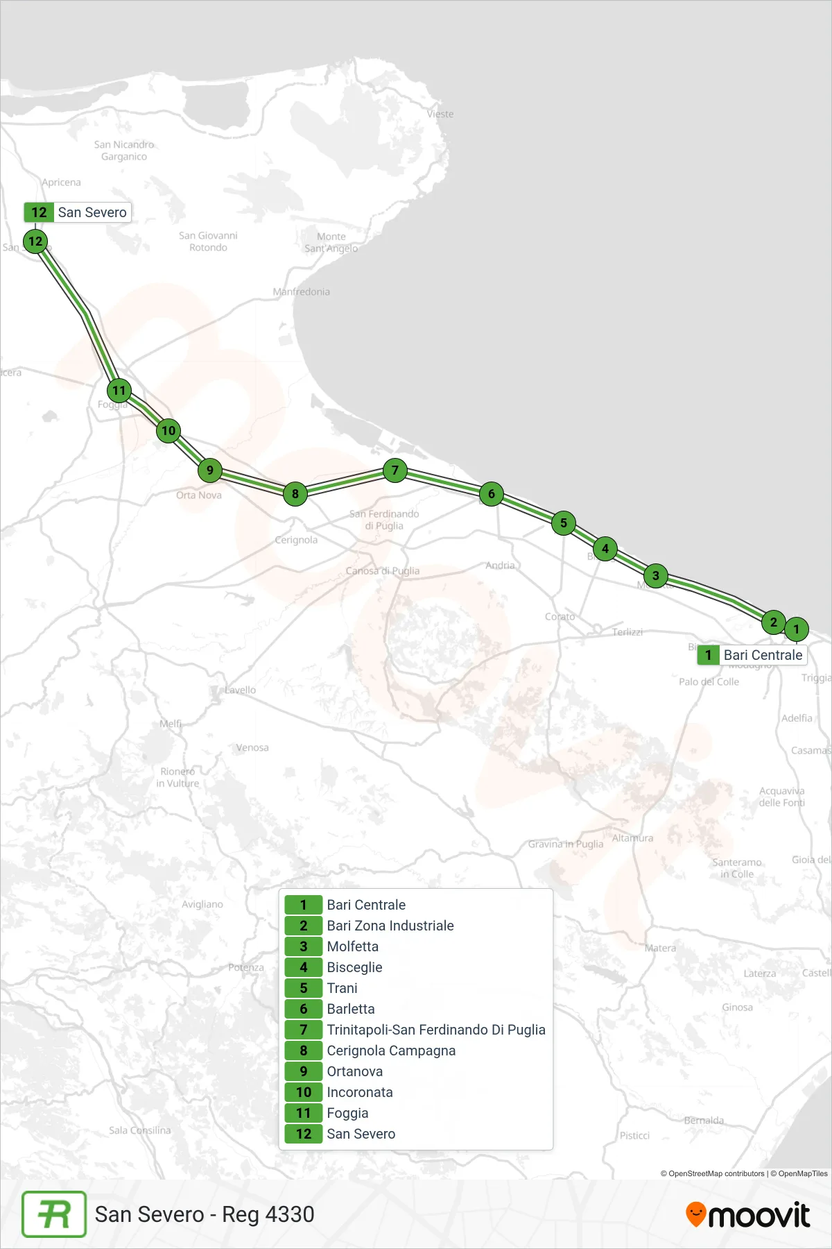 Linea REG  treno (San Severo - Reg 4330) - Percorsi e fermate sulla mappa