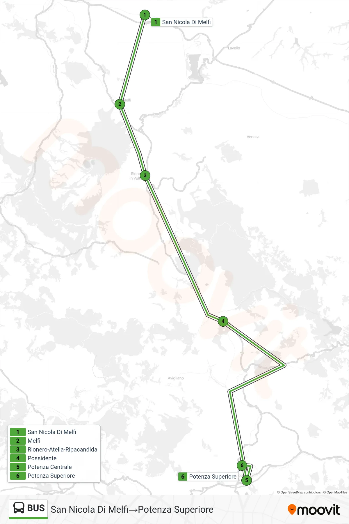Linea BUS bus (San Nicola Di Melfi→Potenza Superiore) - Percorsi e fermate sulla mappa