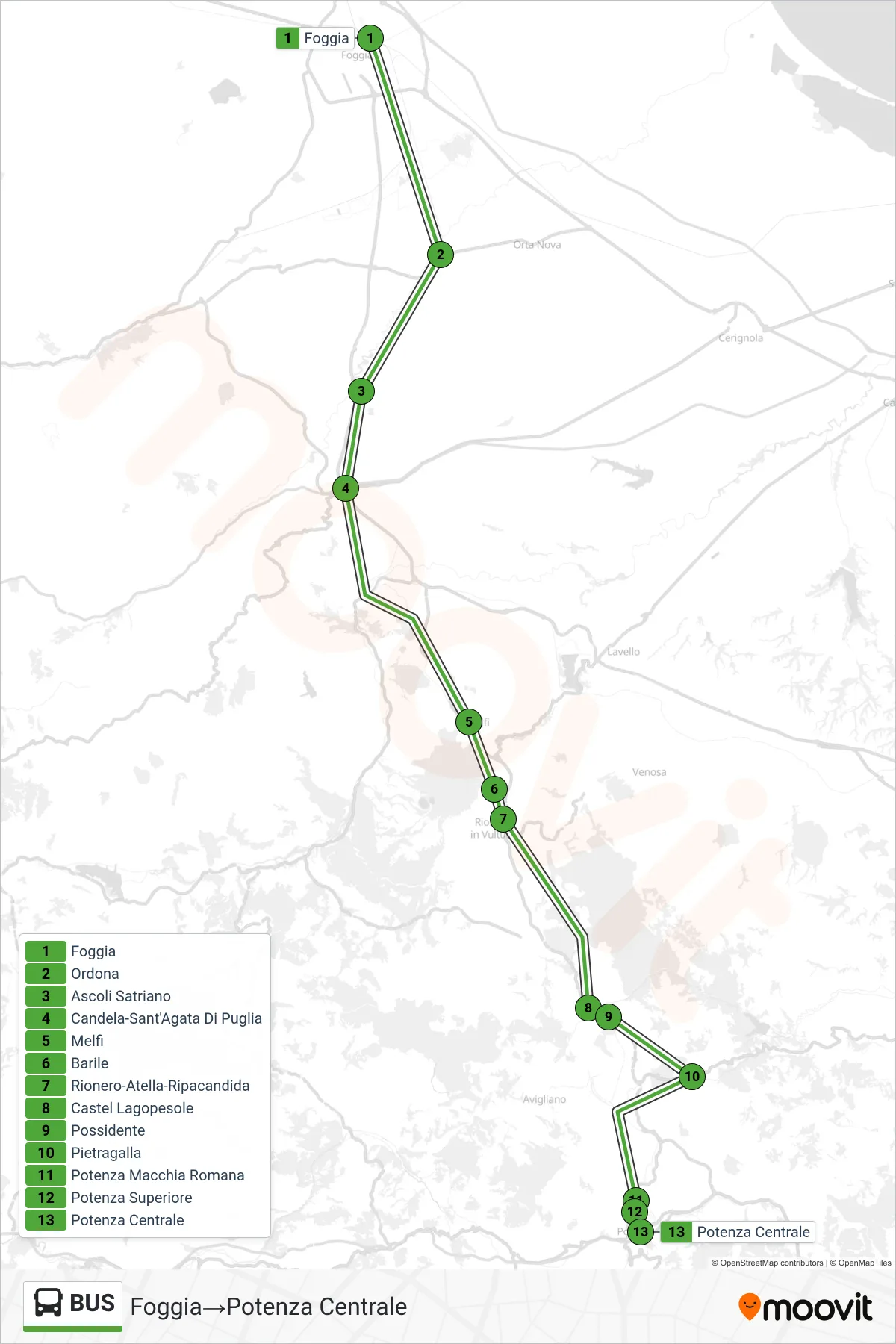 Linea BUS bus (Foggia→Potenza Centrale) - Percorsi e fermate sulla mappa