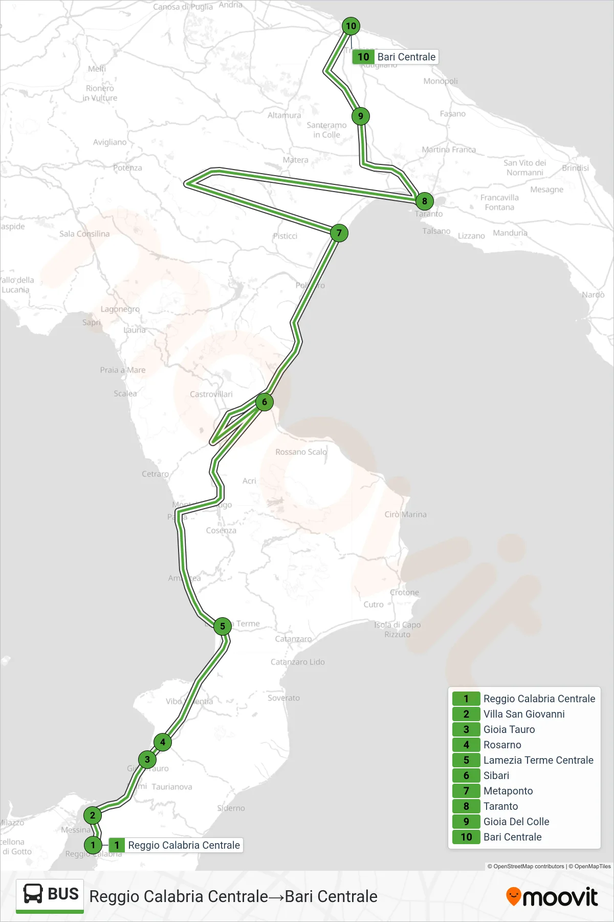 Linea BUS  bus (Reggio Calabria Centrale‎→Bari Centrale) - Percorsi e fermate sulla mappa