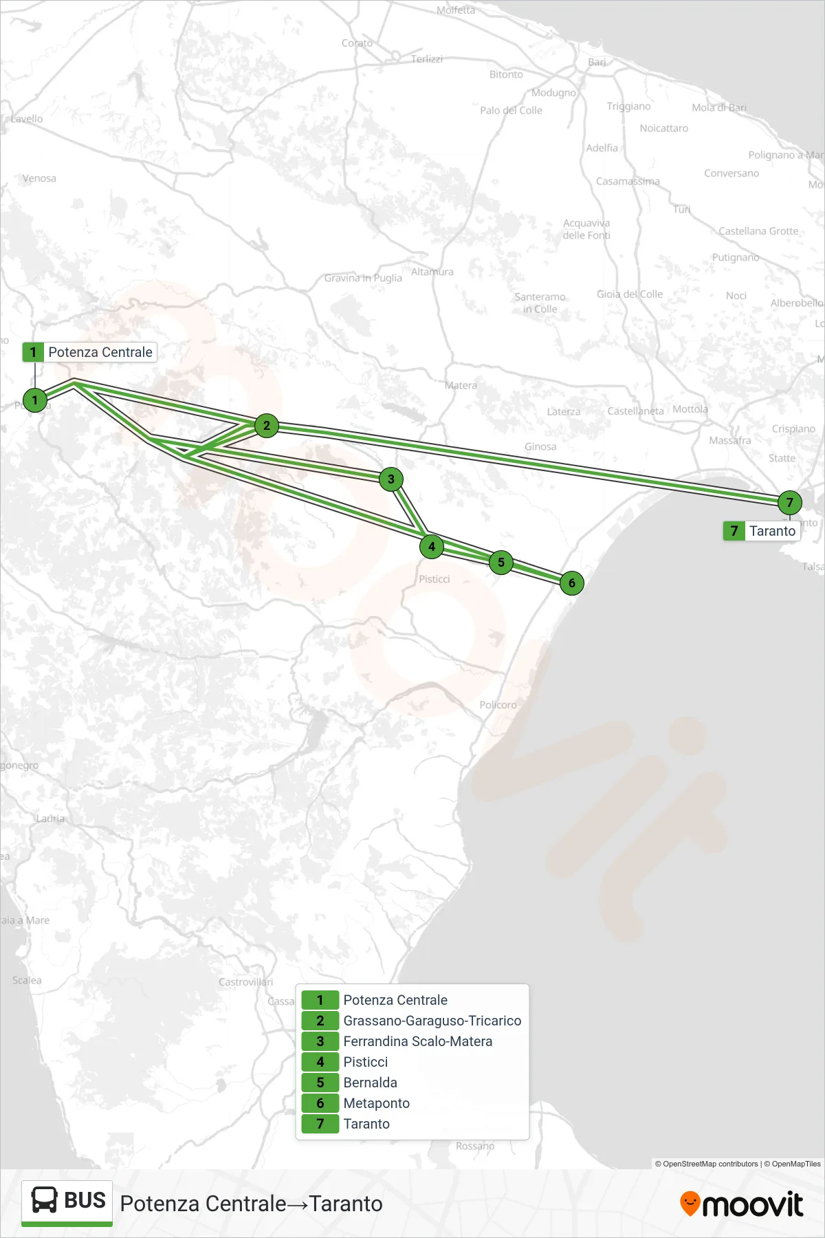 Linea BUS  bus (Potenza Centrale‎→Taranto) - Percorsi e fermate sulla mappa