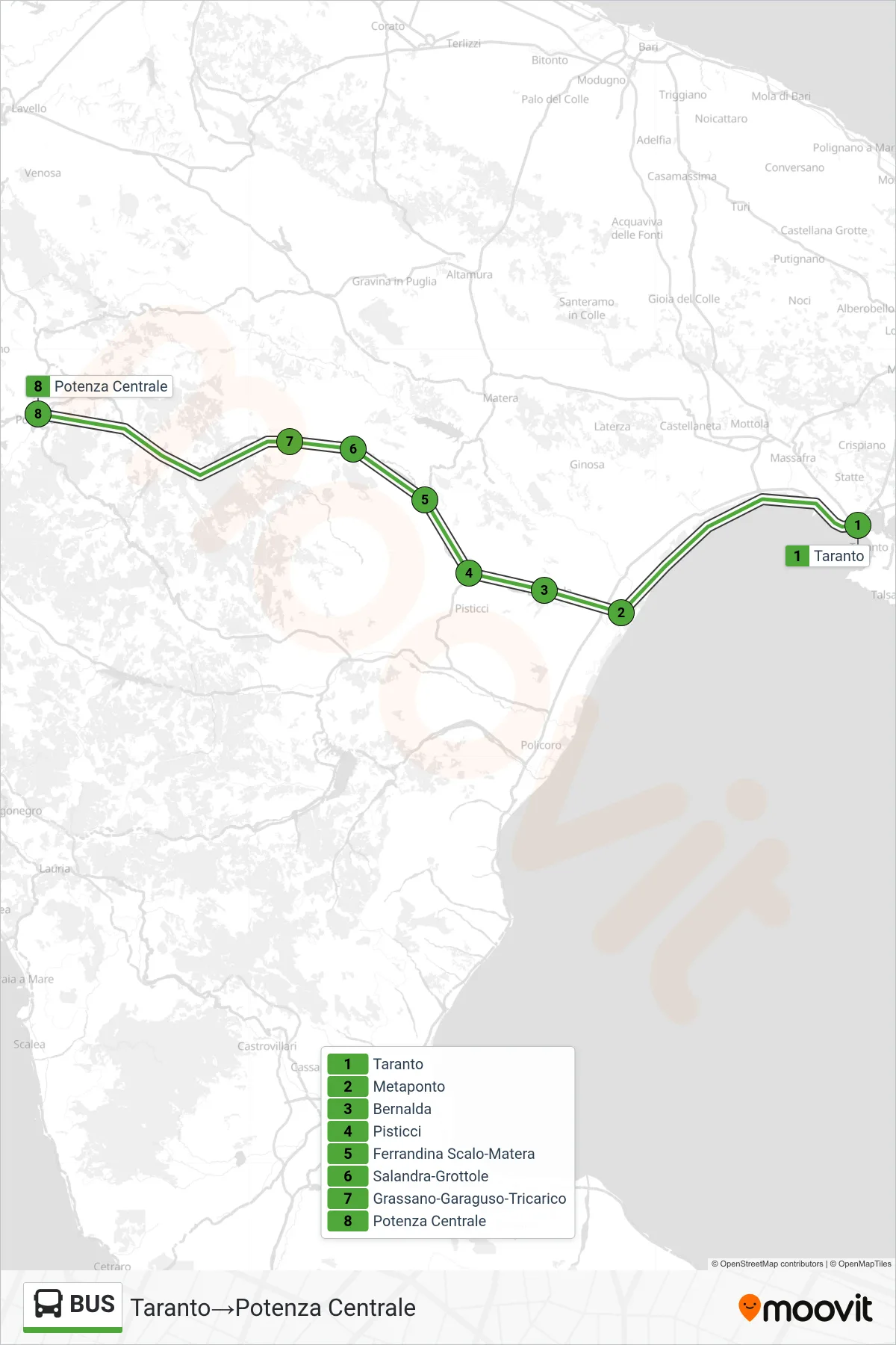 Linea BUS  bus (Taranto‎→Potenza Centrale) - Percorsi e fermate sulla mappa