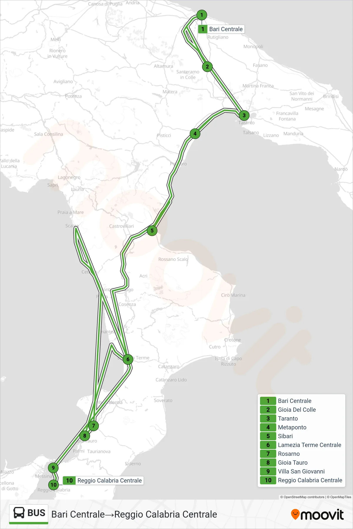Linea BUS bus (Bari Centrale→Reggio Calabria Centrale) - Percorsi e fermate sulla mappa