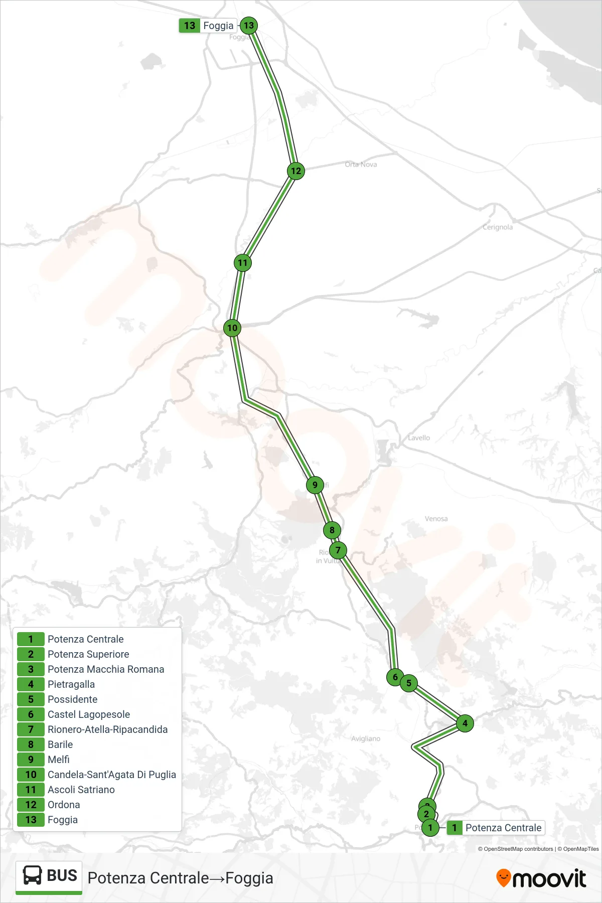 Linea BUS  bus (Potenza Centrale‎→Foggia) - Percorsi e fermate sulla mappa