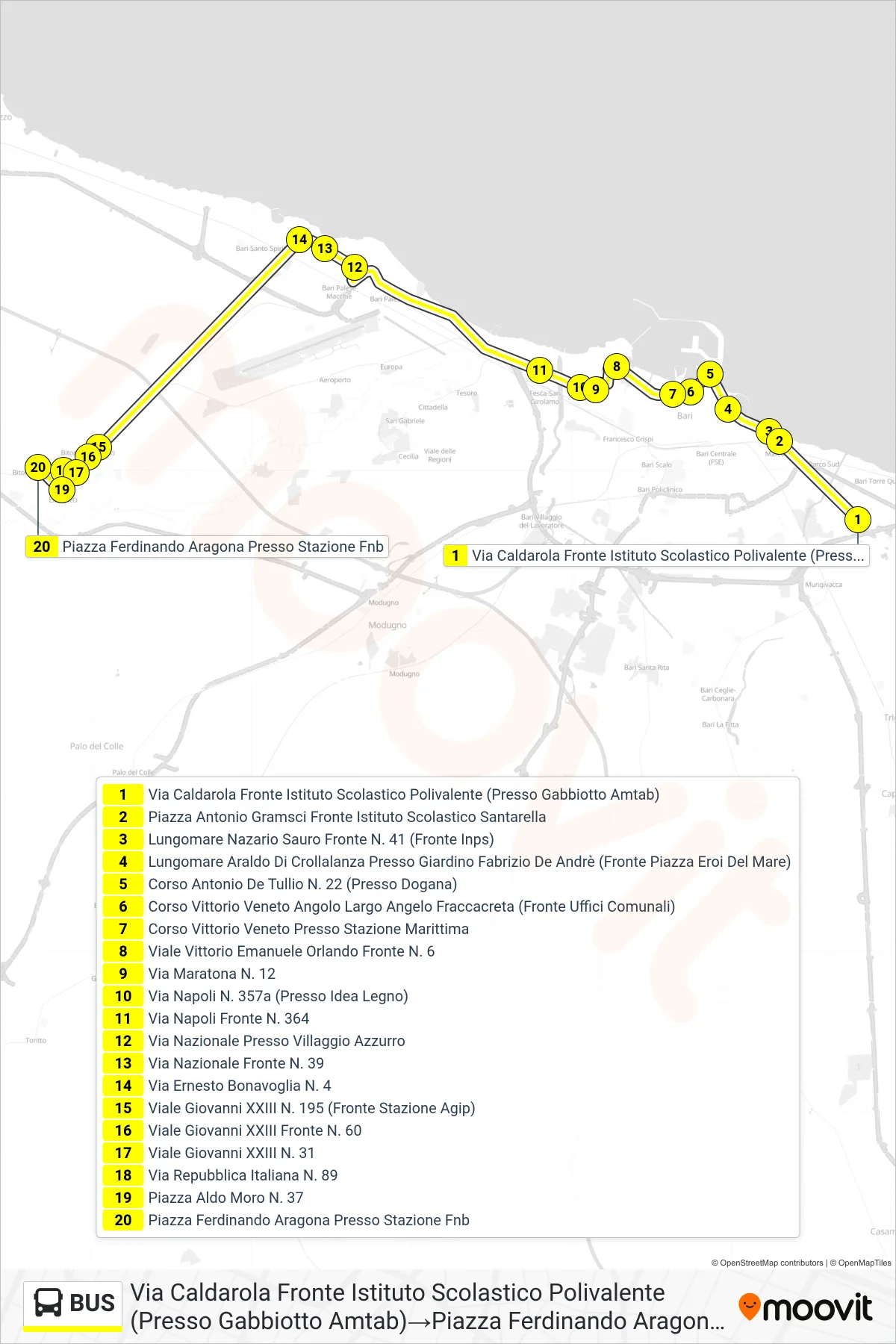 Linea BUS  bus (Via Caldarola Fronte Istituto Scolastico Polivalente (Presso Gabbiotto Amtab)‎→Piazza Ferdinando Aragona Presso Stazione Fnb) - Percorsi e fermate sulla mappa
