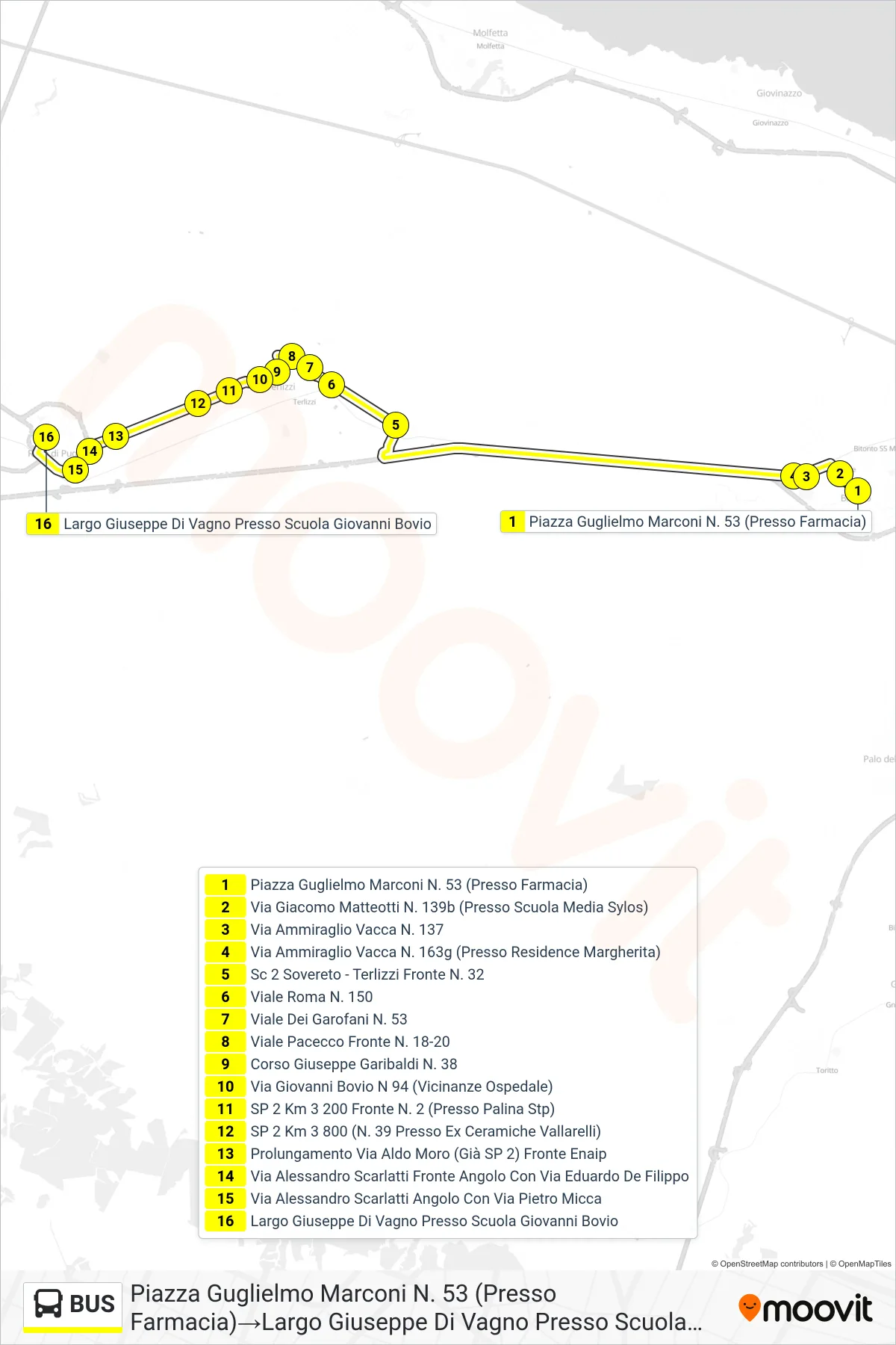 Linea BUS bus (Piazza Guglielmo Marconi N. 53 (Presso Farmacia)→Largo Giuseppe Di Vagno Presso Scuola Giovanni Bovio) - Percorsi e fermate sulla mappa