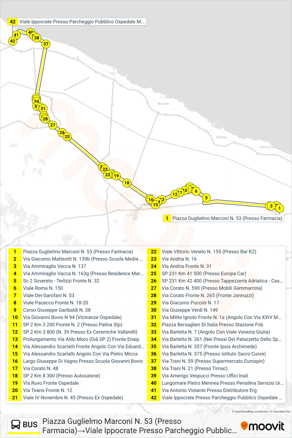 Linea BUS  bus (Piazza Guglielmo Marconi N. 53 (Presso Farmacia)‎→Viale Ippocrate Presso Parcheggio Pubblico Ospedale Monsignor Dimiccoli) - Percorsi e fermate sulla mappa