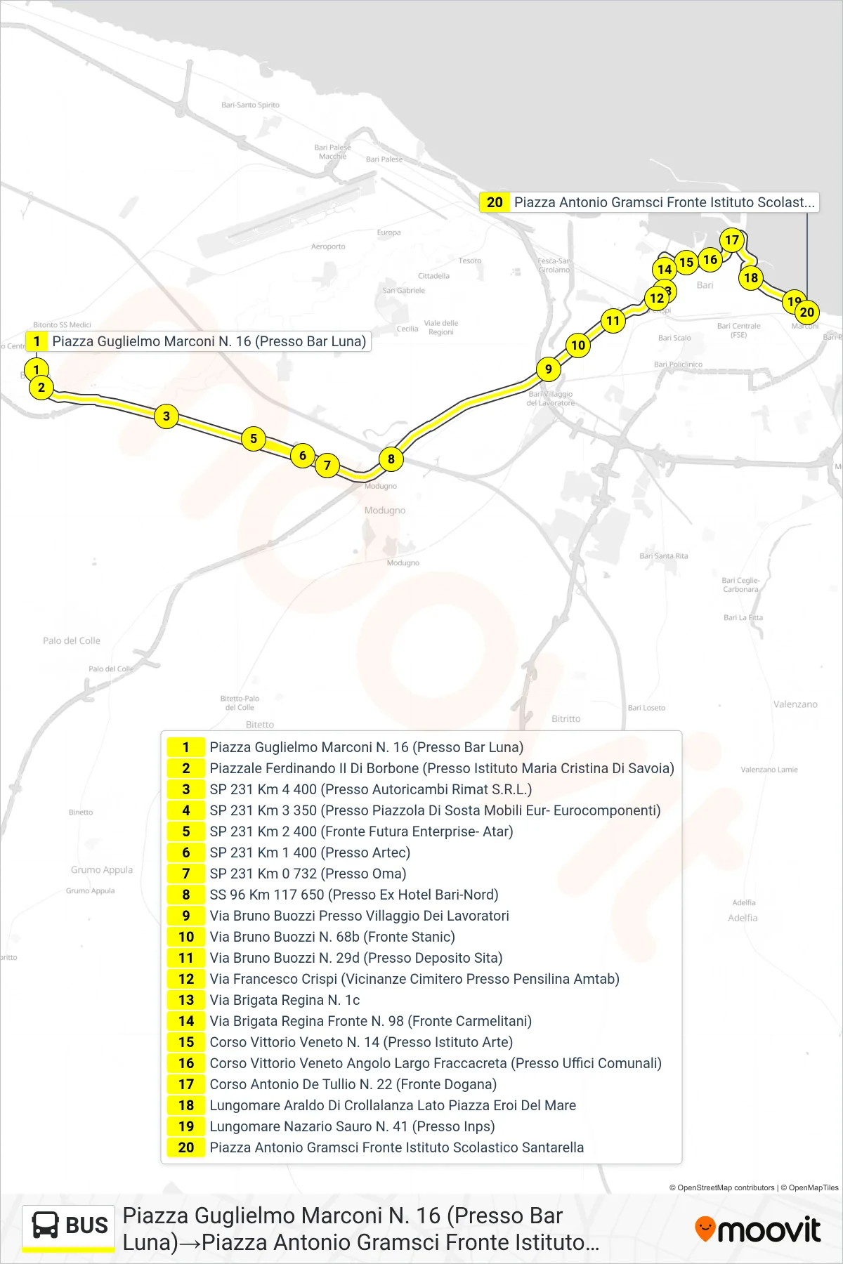Linea BUS  bus (Piazza Guglielmo Marconi N. 16 (Presso Bar Luna)‎→Piazza Antonio Gramsci Fronte Istituto Scolastico Santarella) - Percorsi e fermate sulla mappa