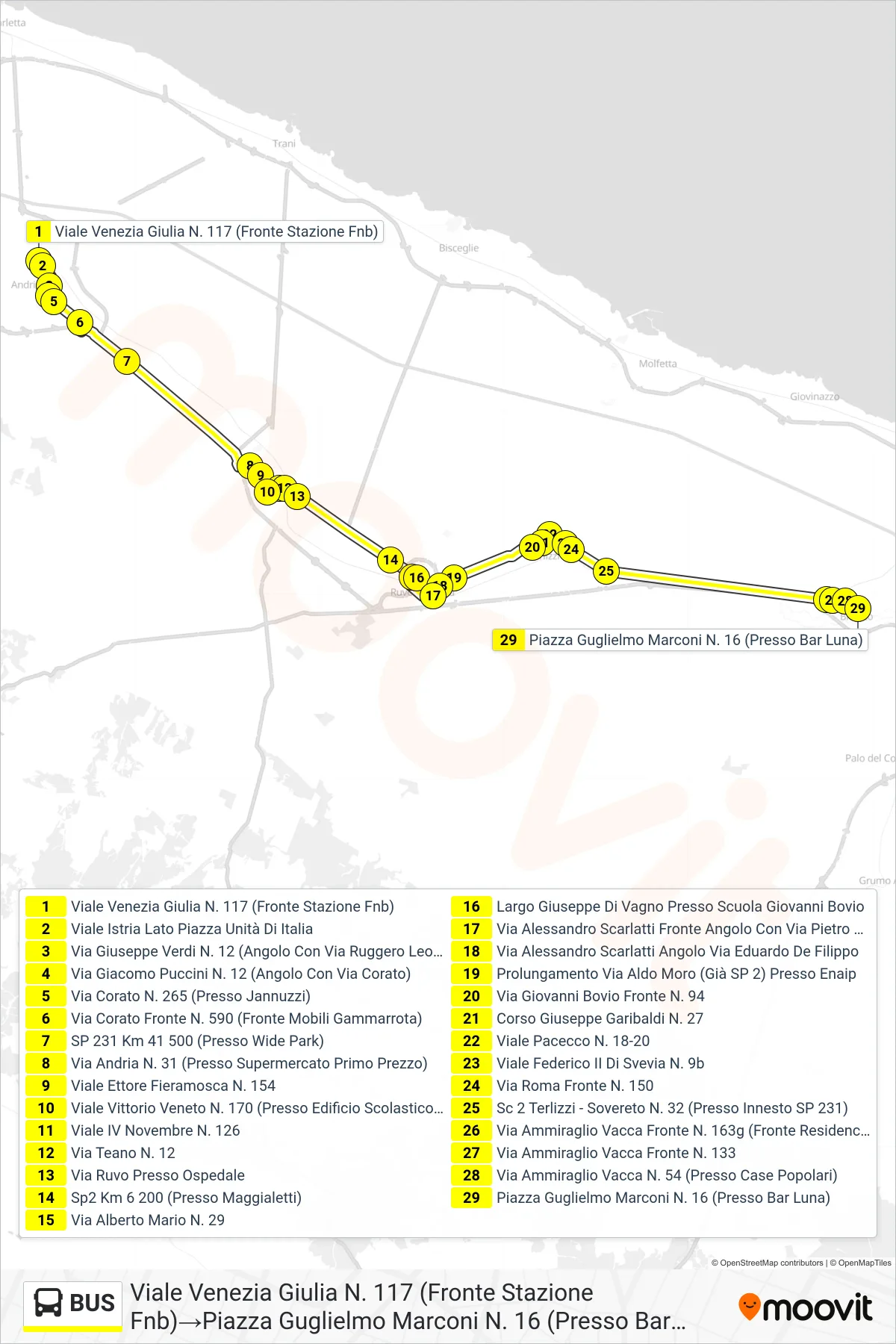 Linea BUS bus (Viale Venezia Giulia N. 117 (Fronte Stazione Fnb)→Piazza Guglielmo Marconi N. 16 (Presso Bar Luna)) - Percorsi e fermate sulla mappa
