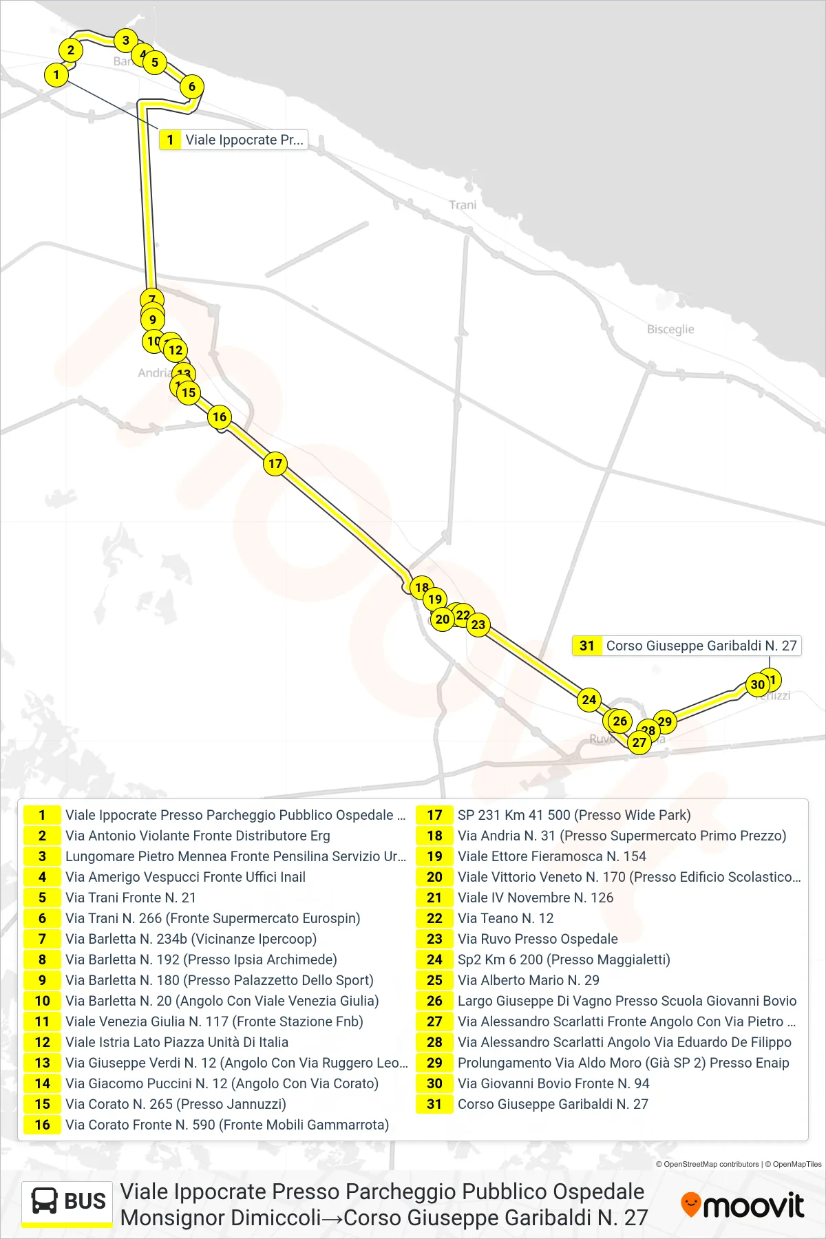 Linea BUS bus (Viale Ippocrate Presso Parcheggio Pubblico Ospedale Monsignor Dimiccoli→Corso Giuseppe Garibaldi N. 27) - Percorsi e fermate sulla mappa
