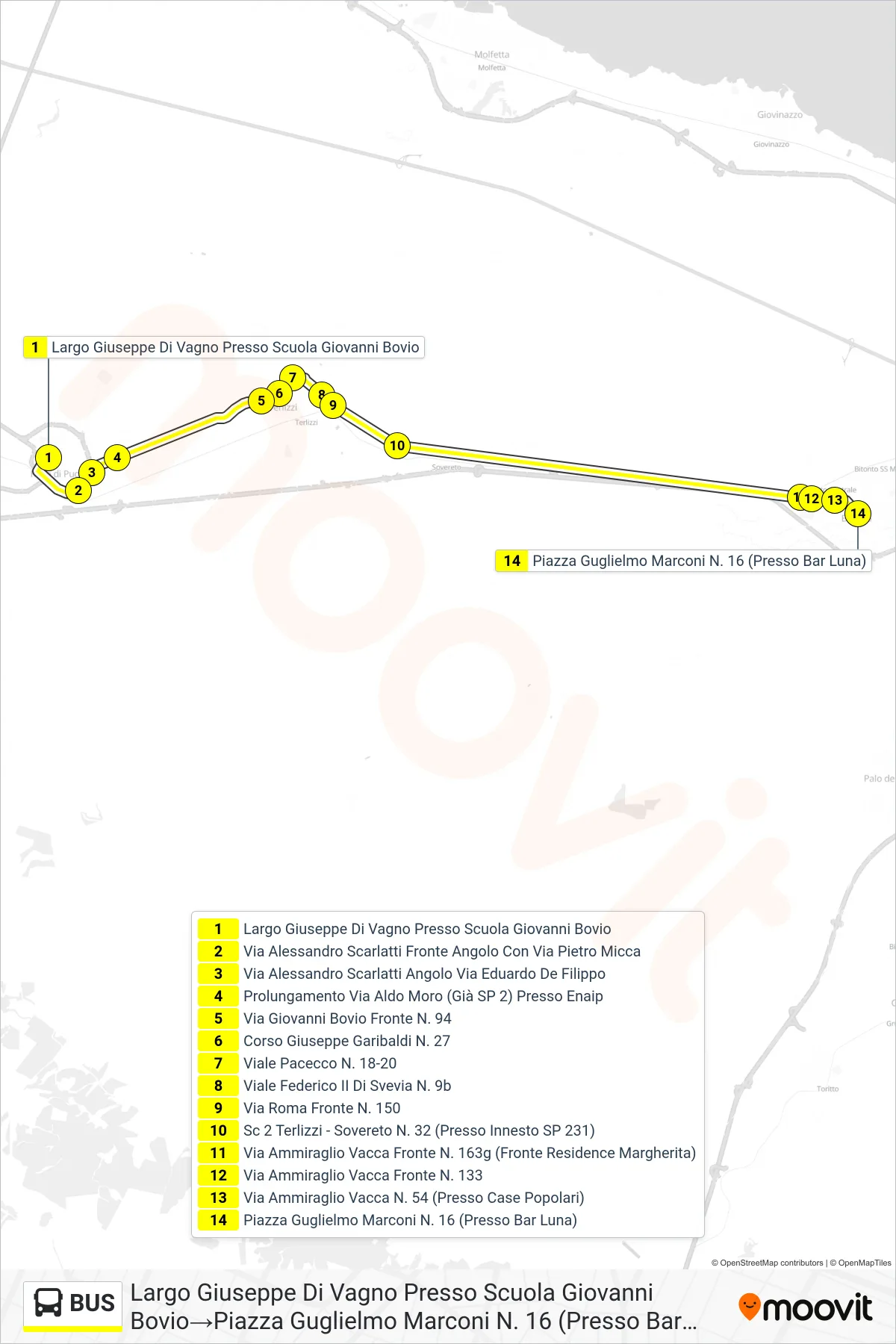 Linea BUS  bus (Largo Giuseppe Di Vagno Presso Scuola Giovanni Bovio‎→Piazza Guglielmo Marconi N. 16 (Presso Bar Luna)) - Percorsi e fermate sulla mappa