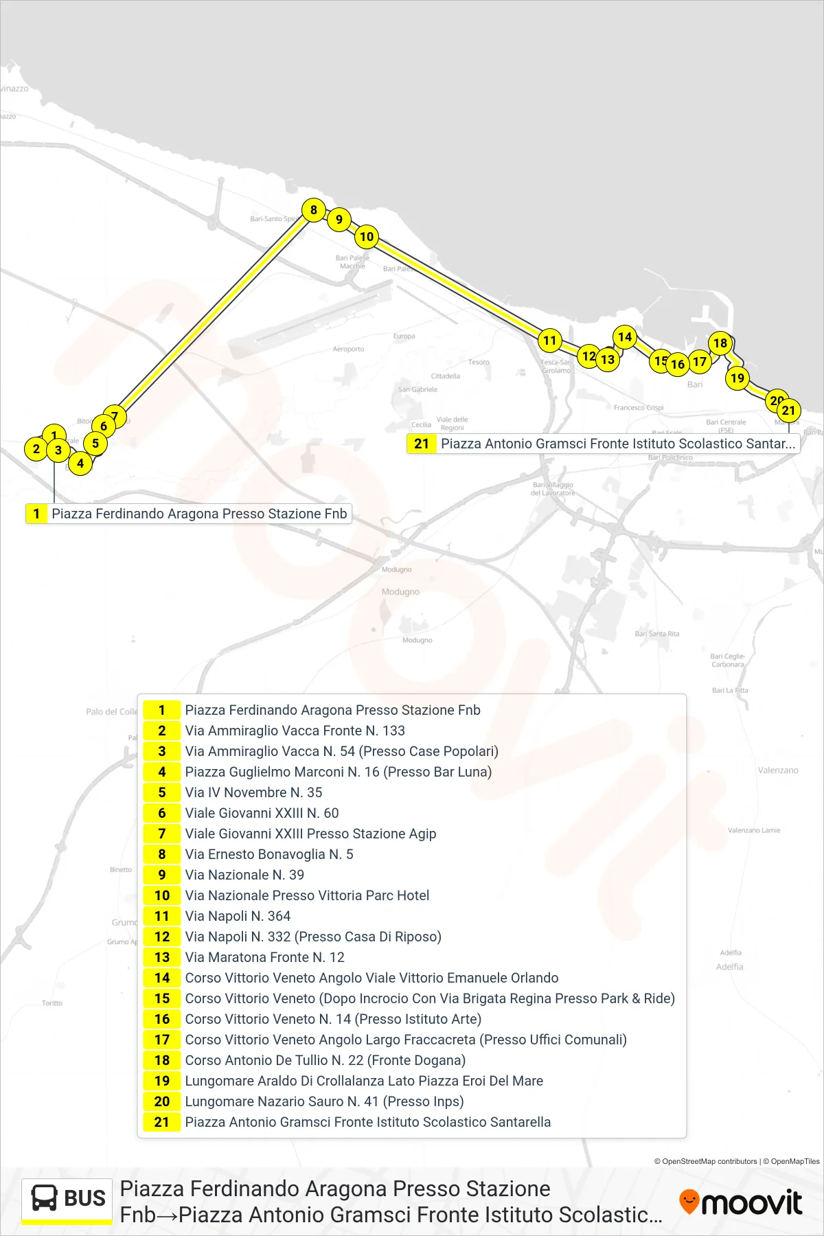 Linea BUS bus (Piazza Ferdinando Aragona Presso Stazione Fnb→Piazza Antonio Gramsci Fronte Istituto Scolastico Santarella) - Percorsi e fermate sulla mappa
