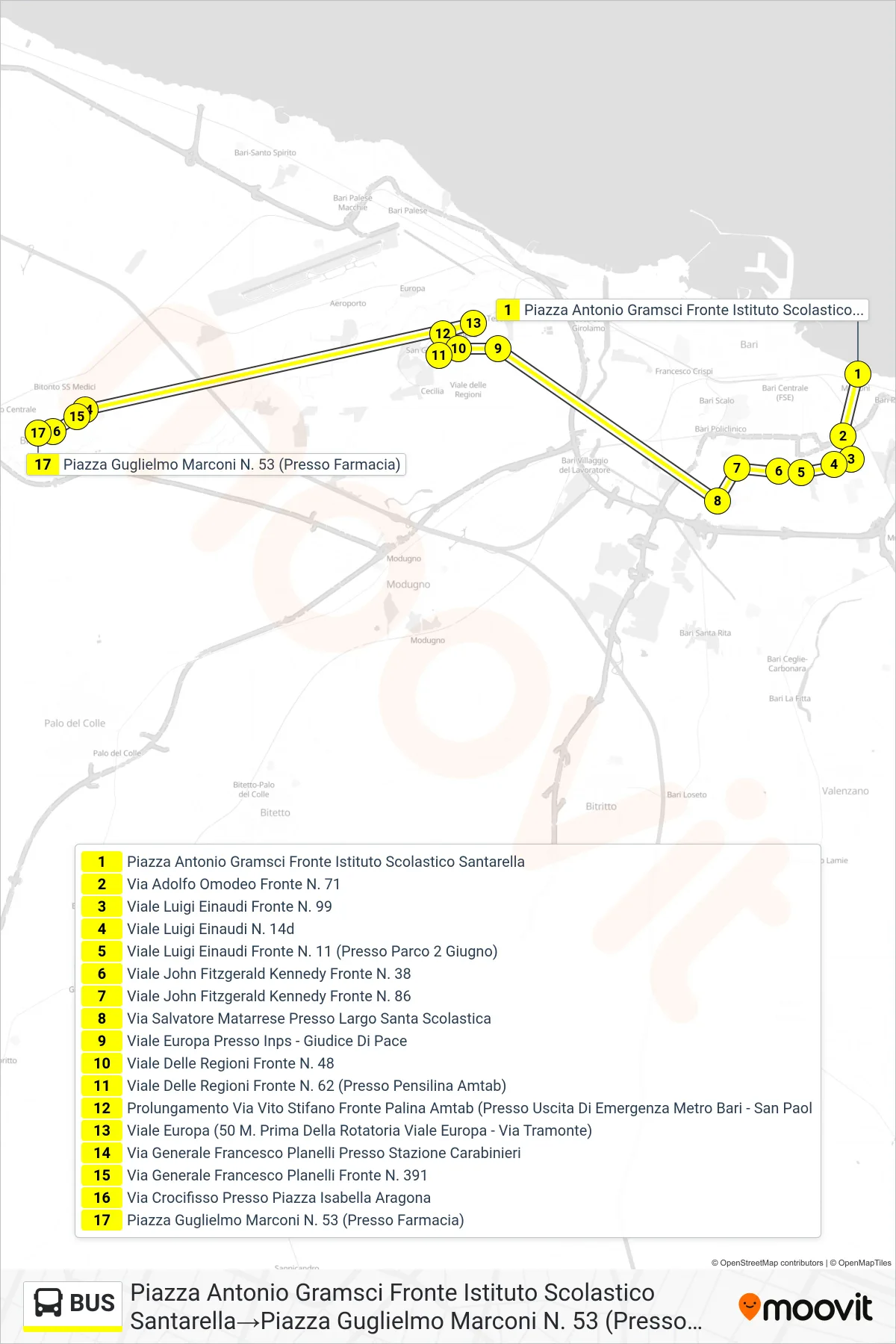 Linea BUS  bus (Piazza Antonio Gramsci Fronte Istituto Scolastico Santarella‎→Piazza Guglielmo Marconi N. 53 (Presso Farmacia)) - Percorsi e fermate sulla mappa