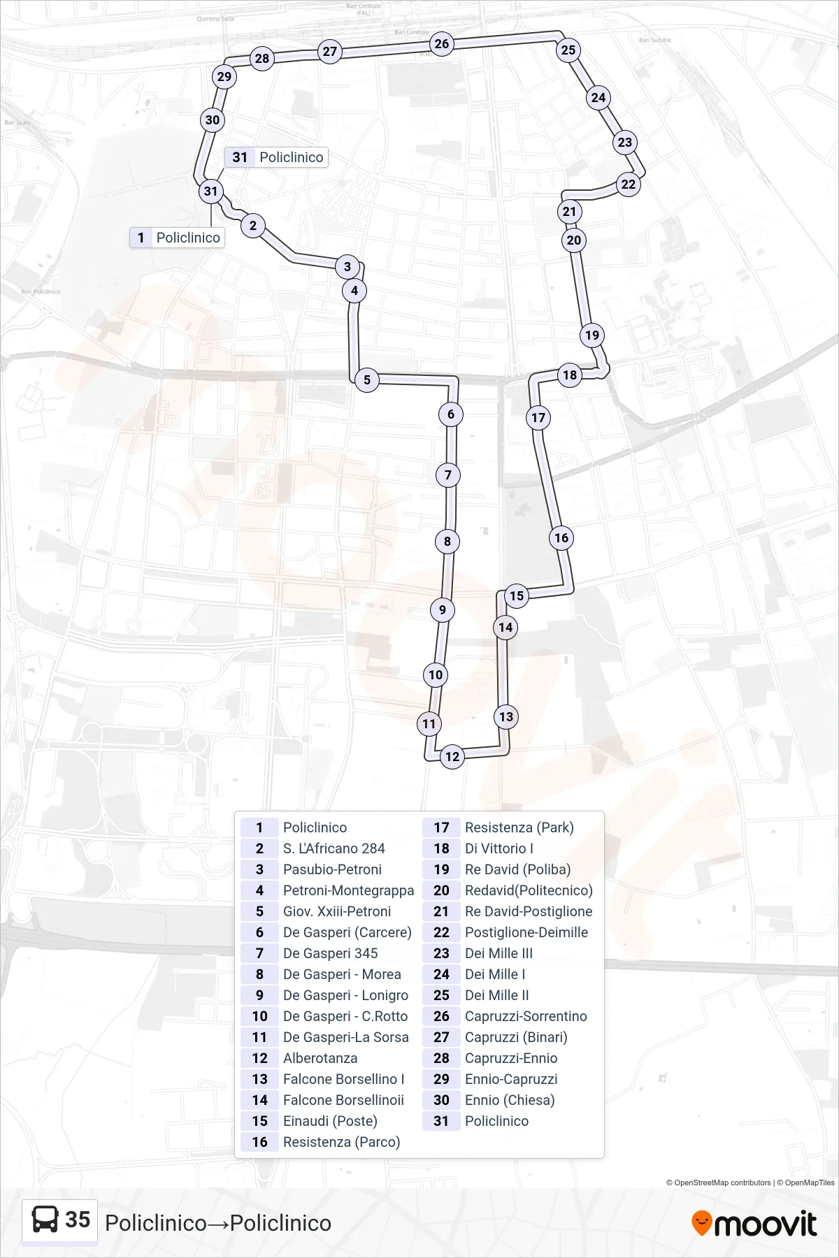 Linea 35 bus (Policlinico→Policlinico) - Percorsi e fermate sulla mappa