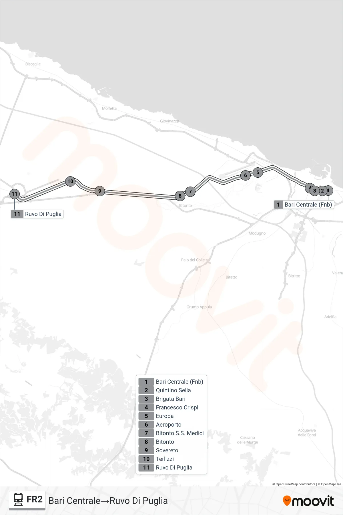 Linea FR2 treno (Bari Centrale→Ruvo Di Puglia) - Percorsi e fermate sulla mappa