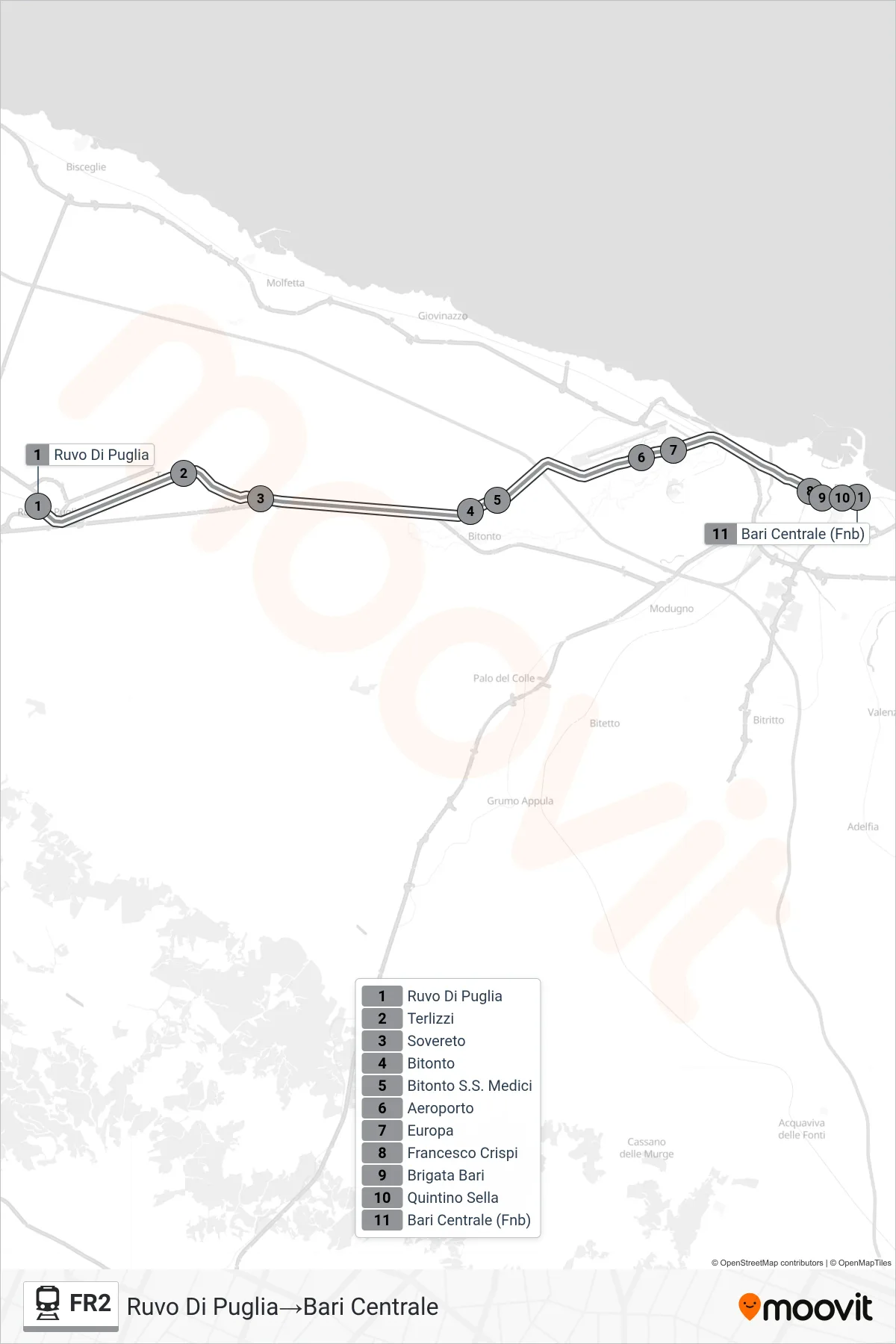 Linea FR2 treno (Ruvo Di Puglia→Bari Centrale) - Percorsi e fermate sulla mappa