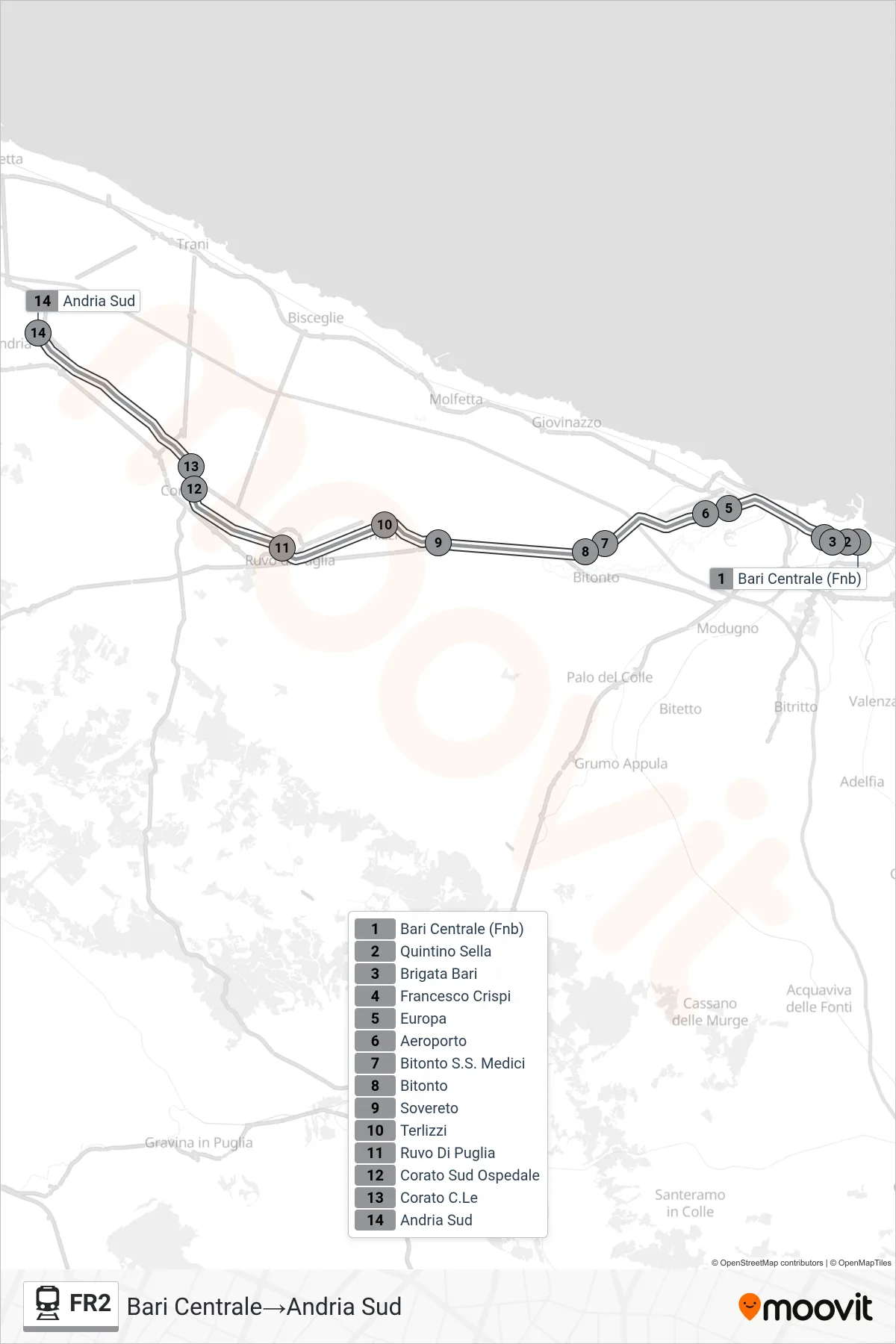 Linea FR2  treno (Bari Centrale‎→Andria Sud) - Percorsi e fermate sulla mappa